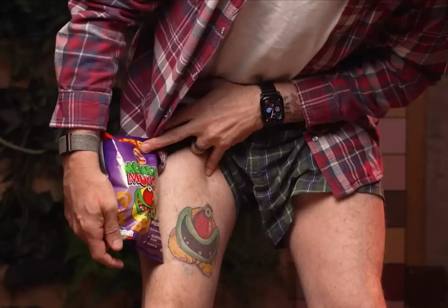 The stunt man has a tattoo dedicated to his obsession with Monster Munch.