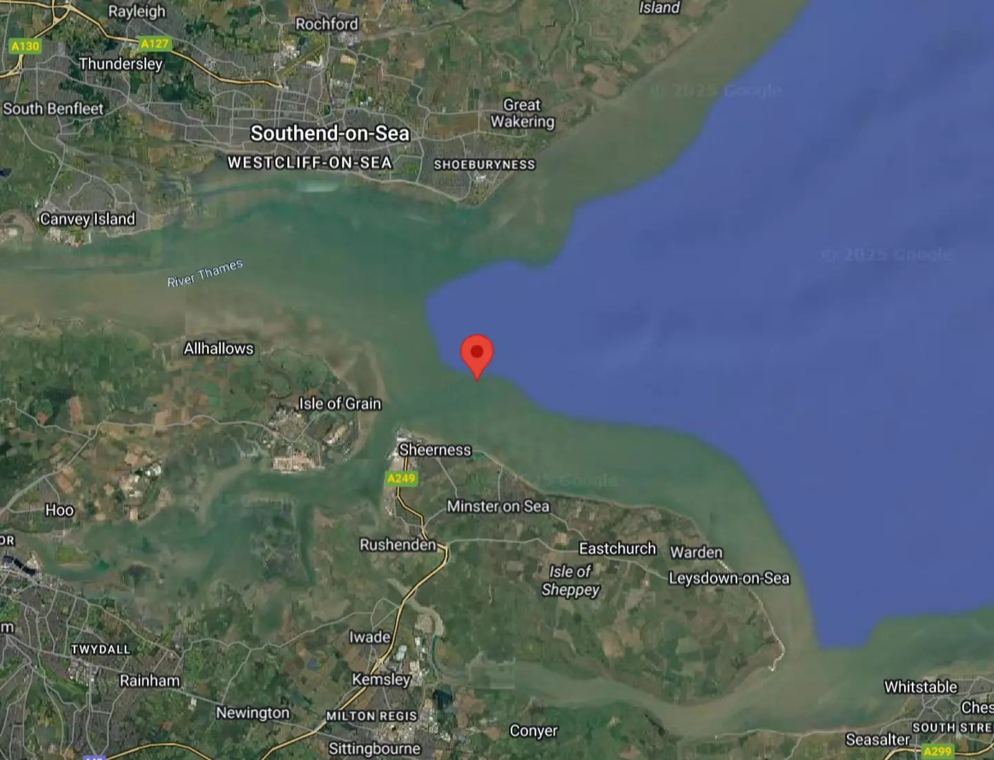 The wreckage of the ship sits just off the coast and right at the Thames Estuary (Google Maps)