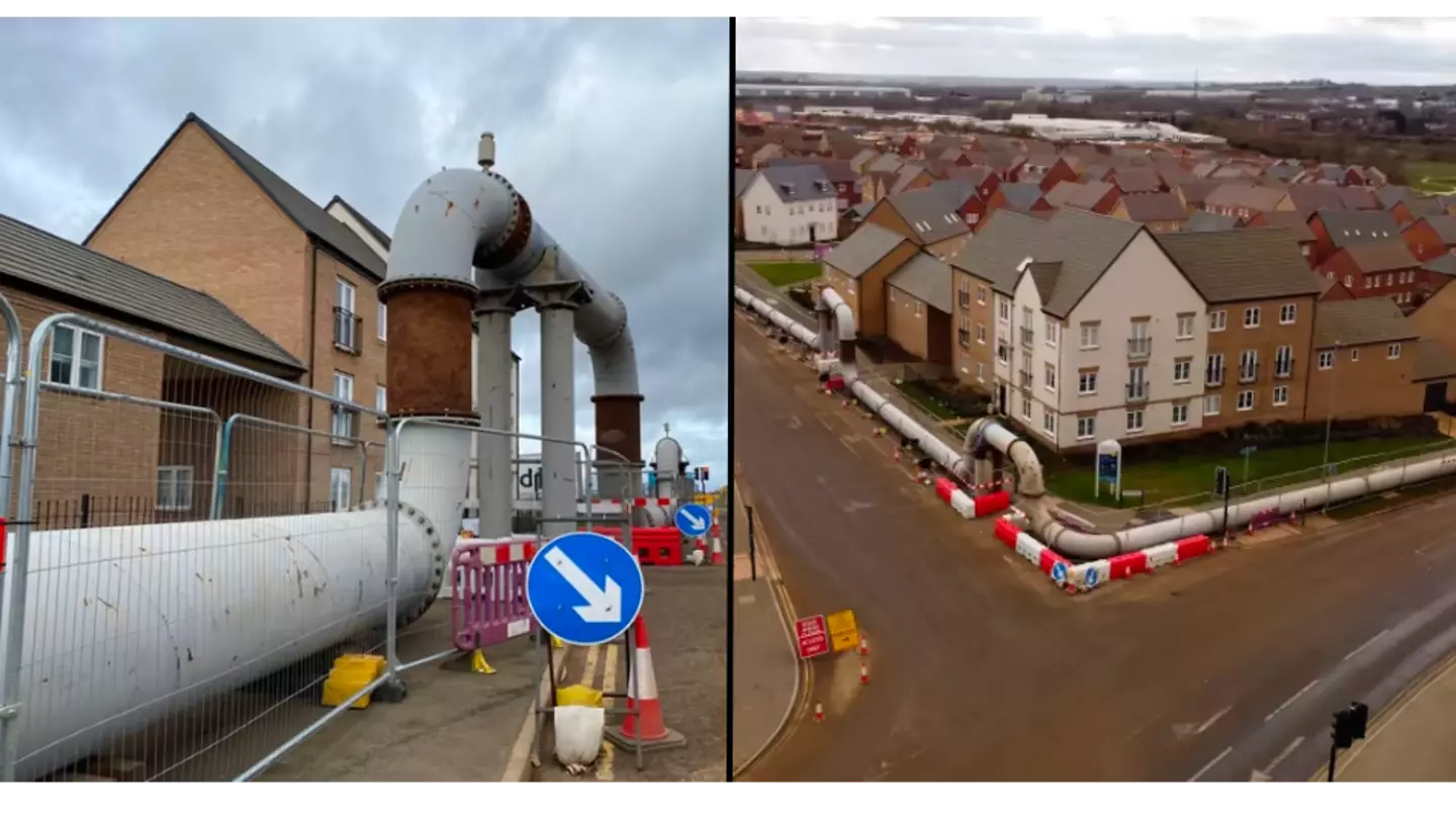 Residents fuming as enormous overground sewage pipe runs through their street