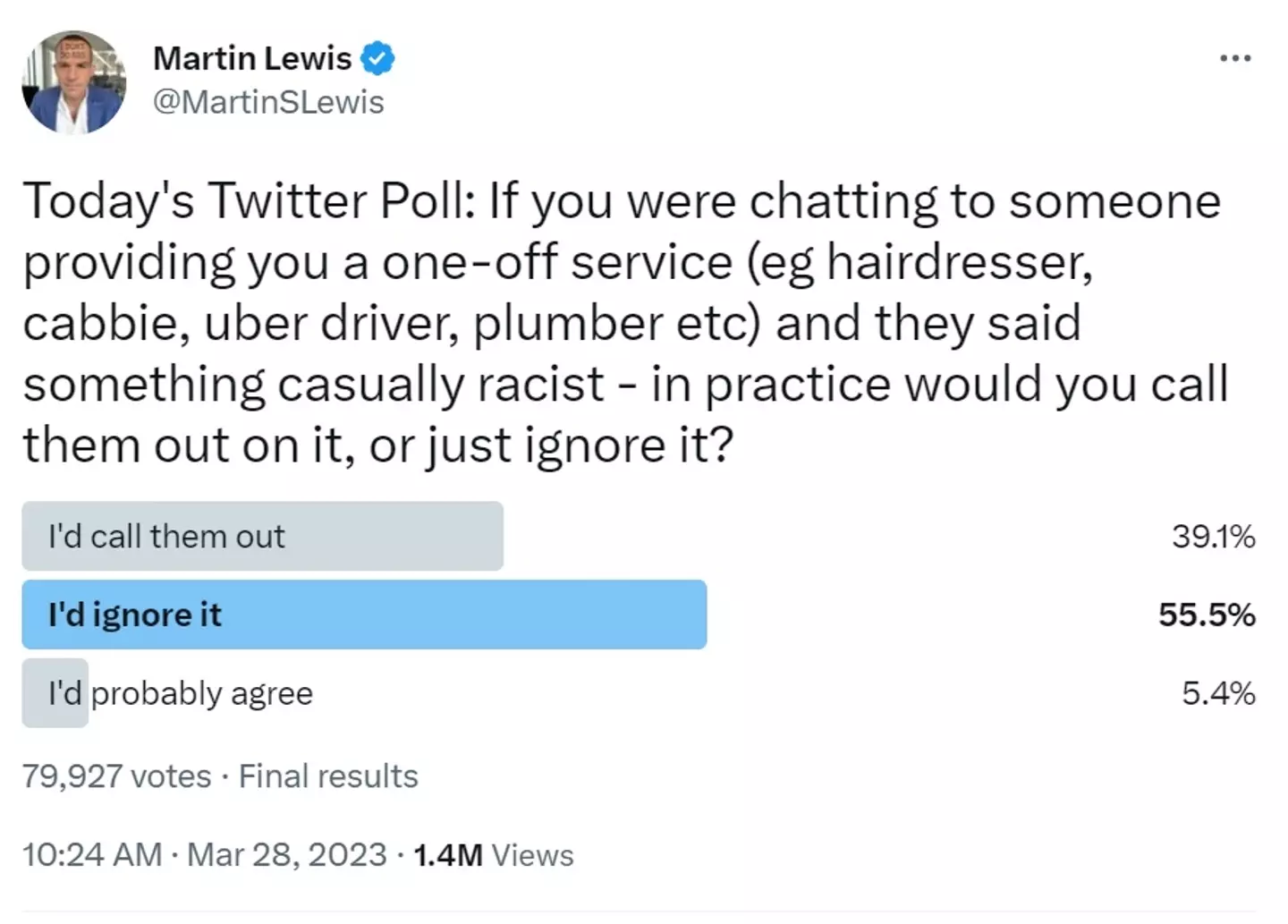 Martin Lewis polled his followers on Twitter, but was criticised for his use of language.