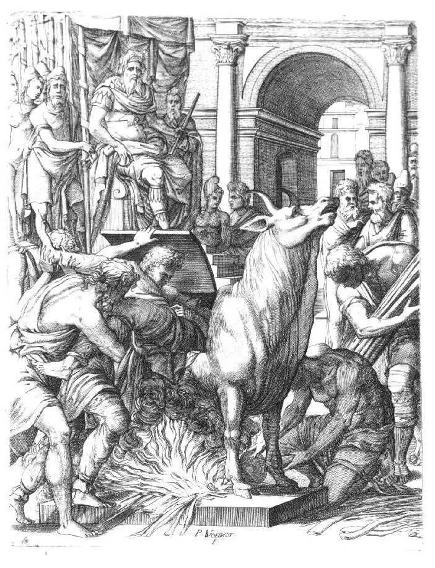 An artist's depiction of Perilaus getting shoved inside his own invention, he didn't die in there but it would have been agony. (Wikimedia Commons)