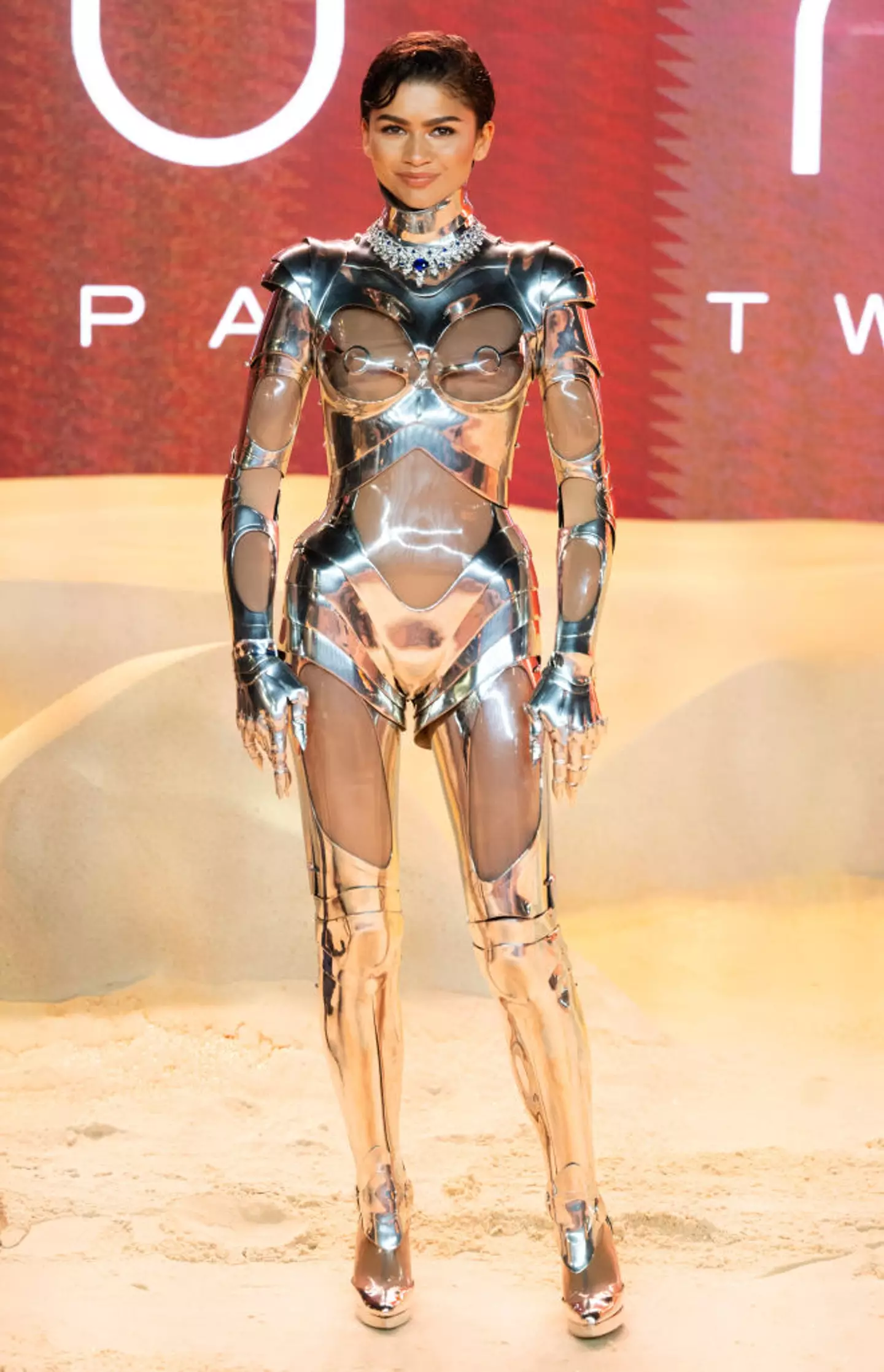 Zendaya stepped out in a silver metal body suit on the red carpet.