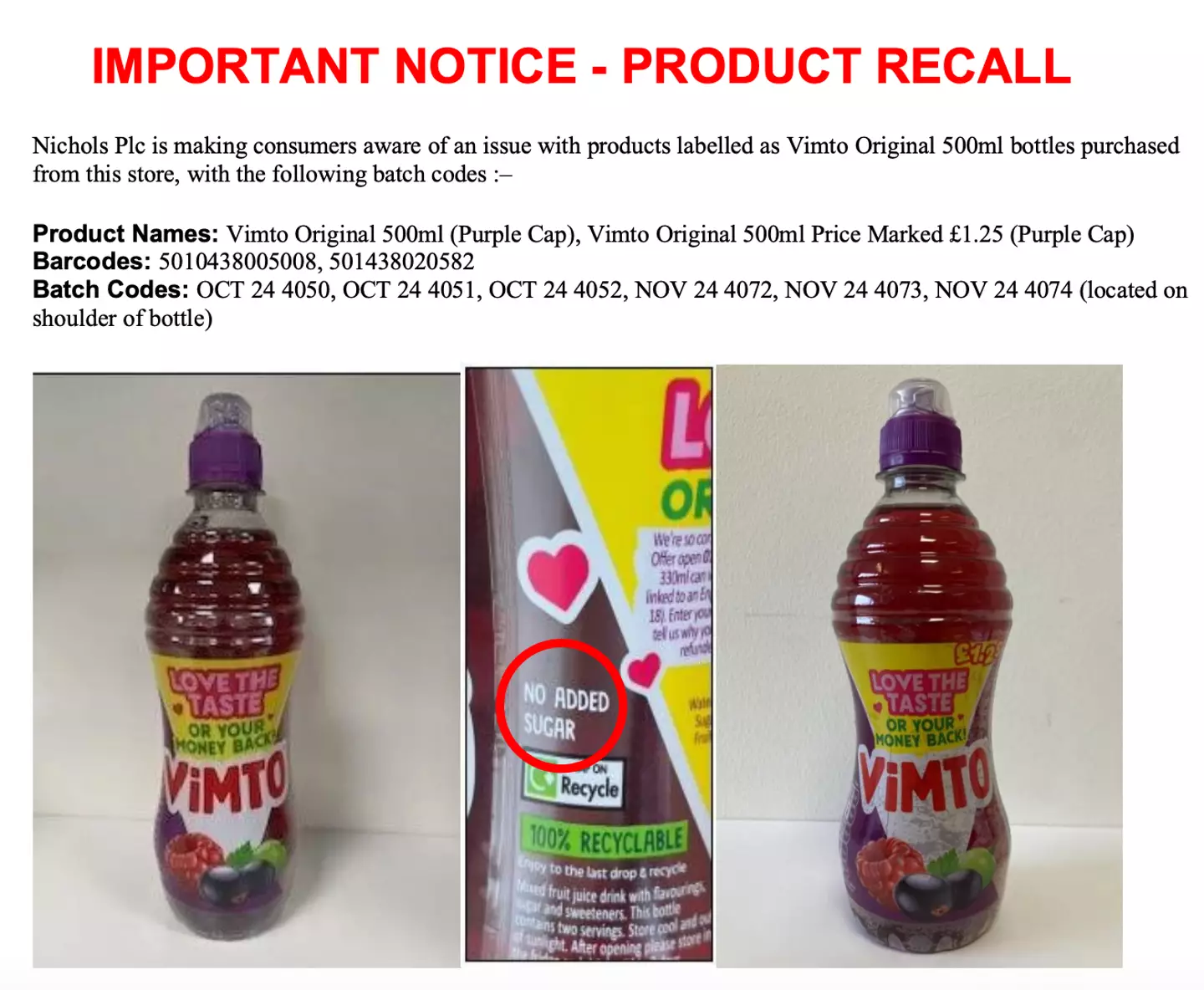 Vimto has issued a product recall over certain bottles.
