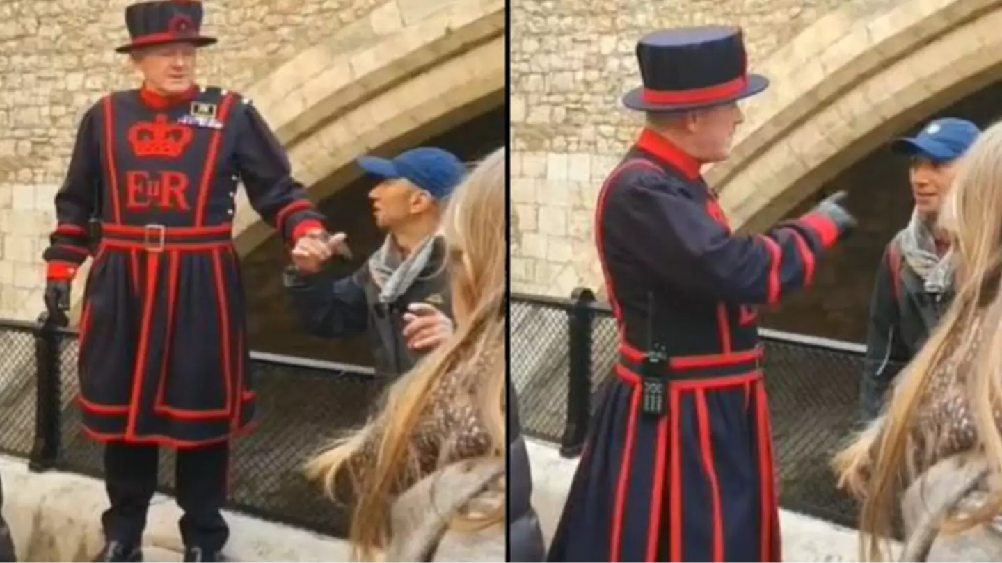 Queen's Guard At Tower Of London Breaks Protocol After Man Fails To Move Away From Him