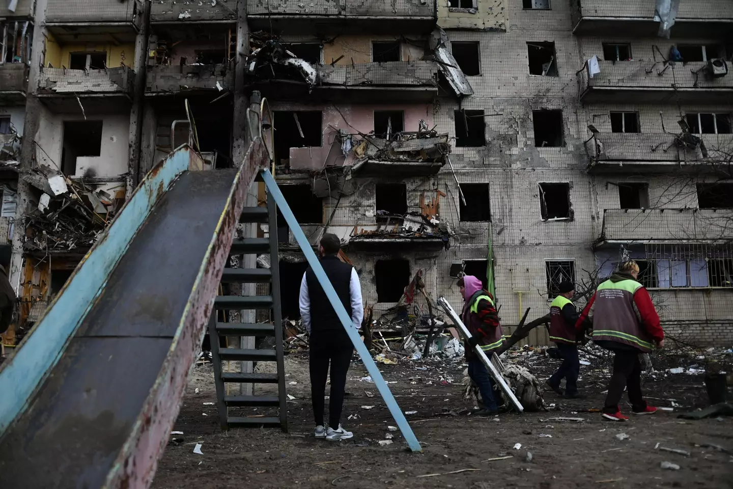 Damage at an apartment complex after a rocket attack in Kharkivskiy District, Kyiv.