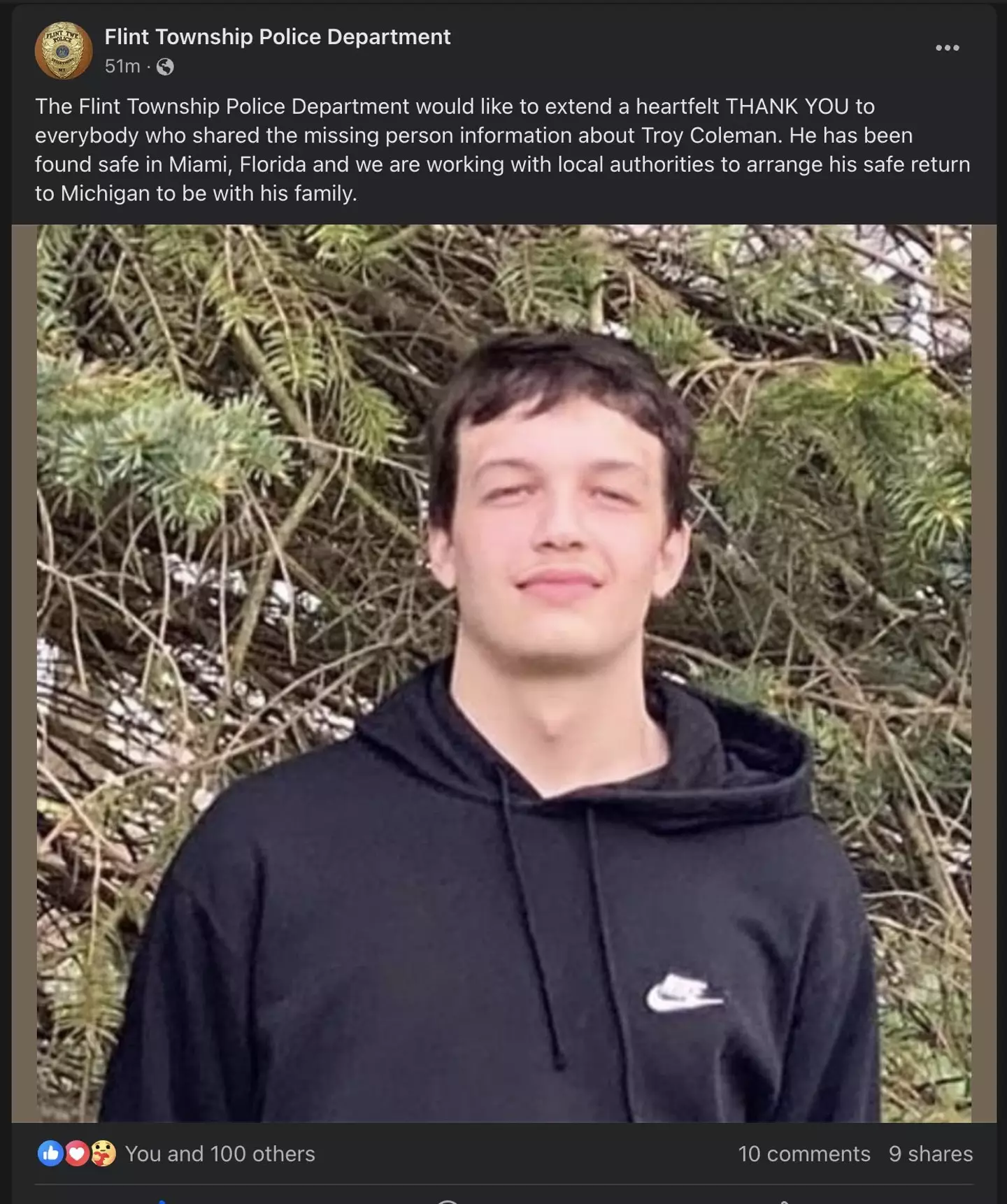 The man is going to be returned to his family. (X/@LacyHimself/Flint Township Police Department)