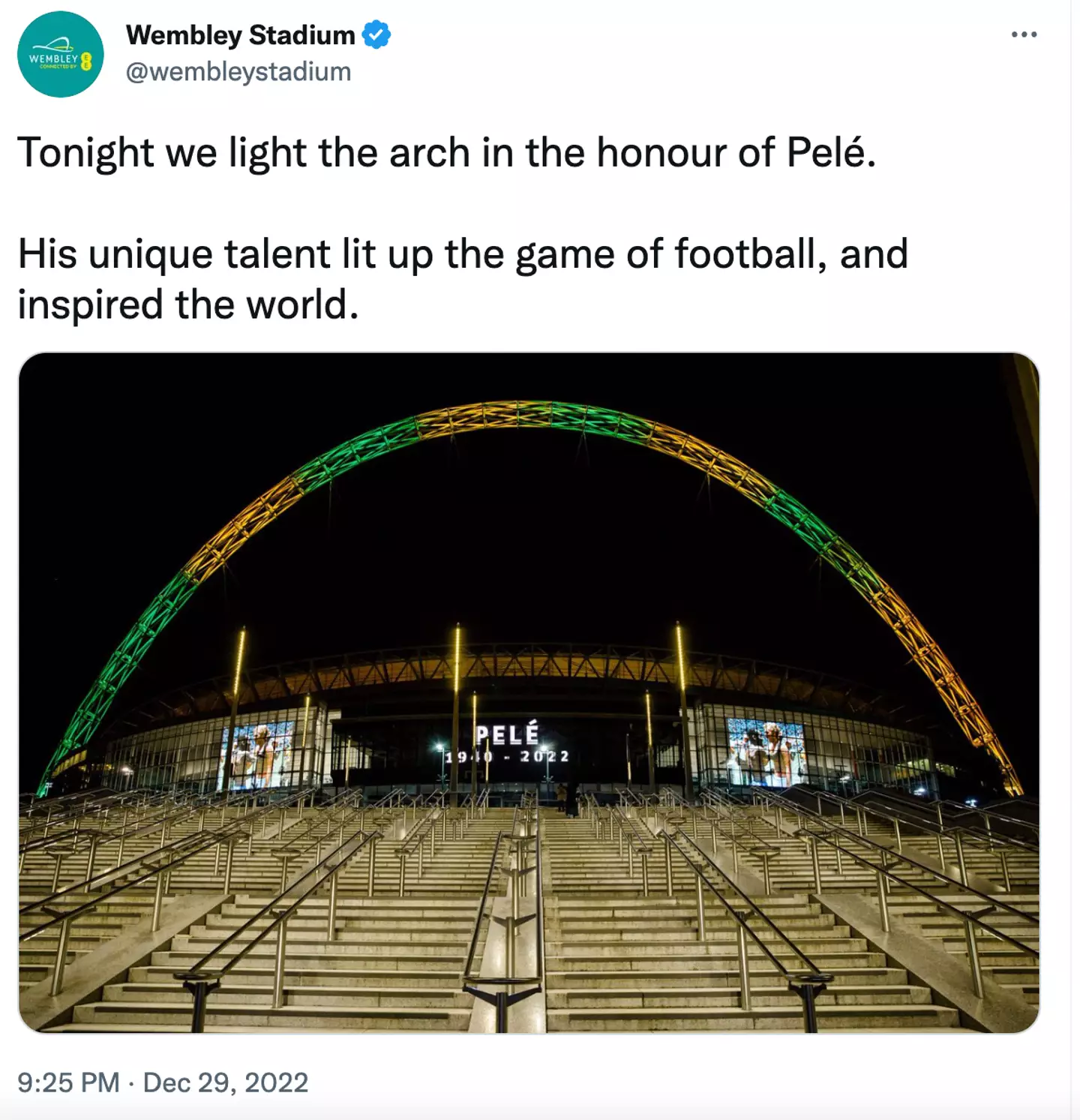 Wembley Stadium lit up with Brazil colours in honour of Pele.
