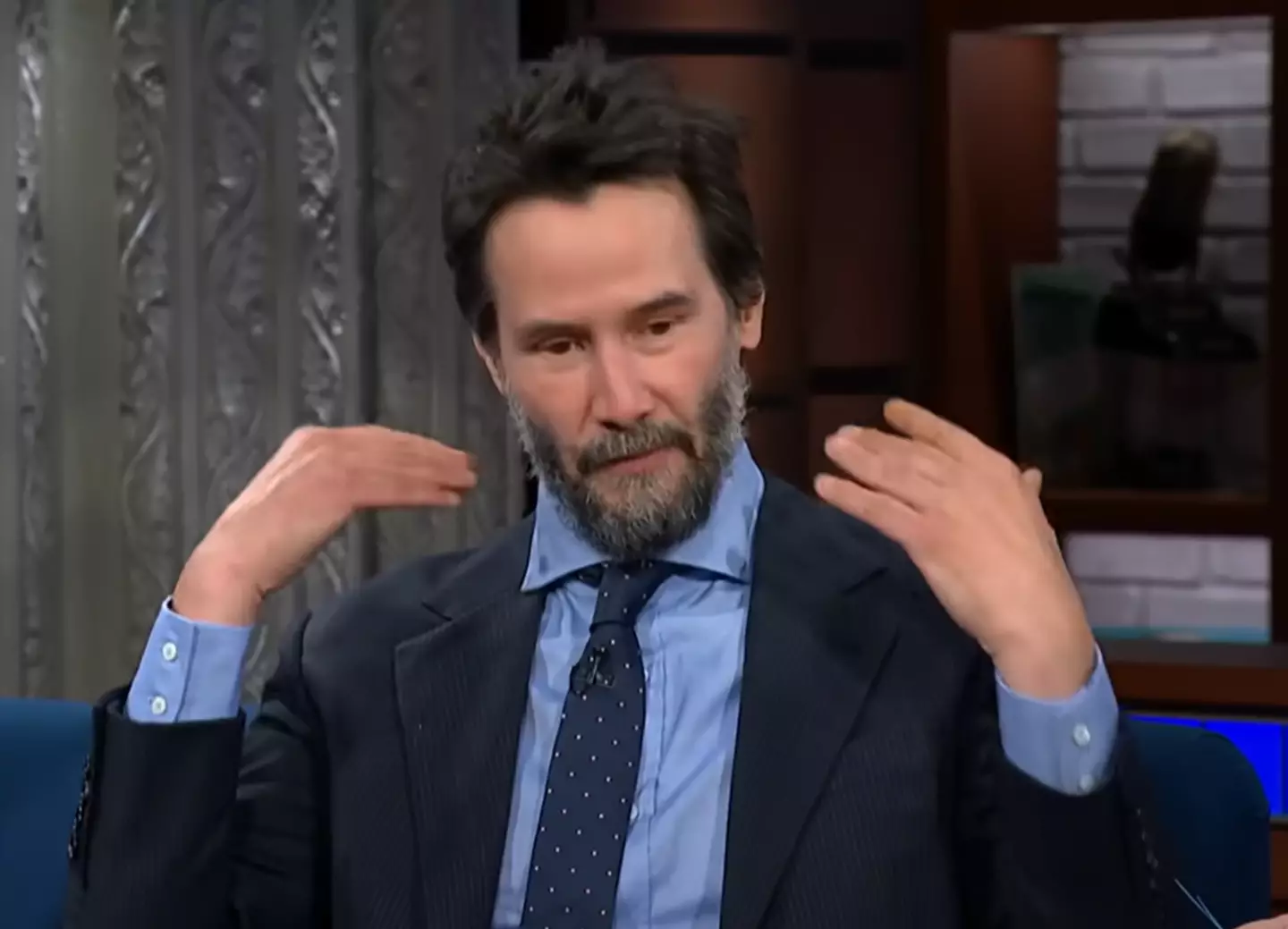 He had an emotional answer when asked about The Matrix. (YouTube/The Late Show with Stephen Colbert)