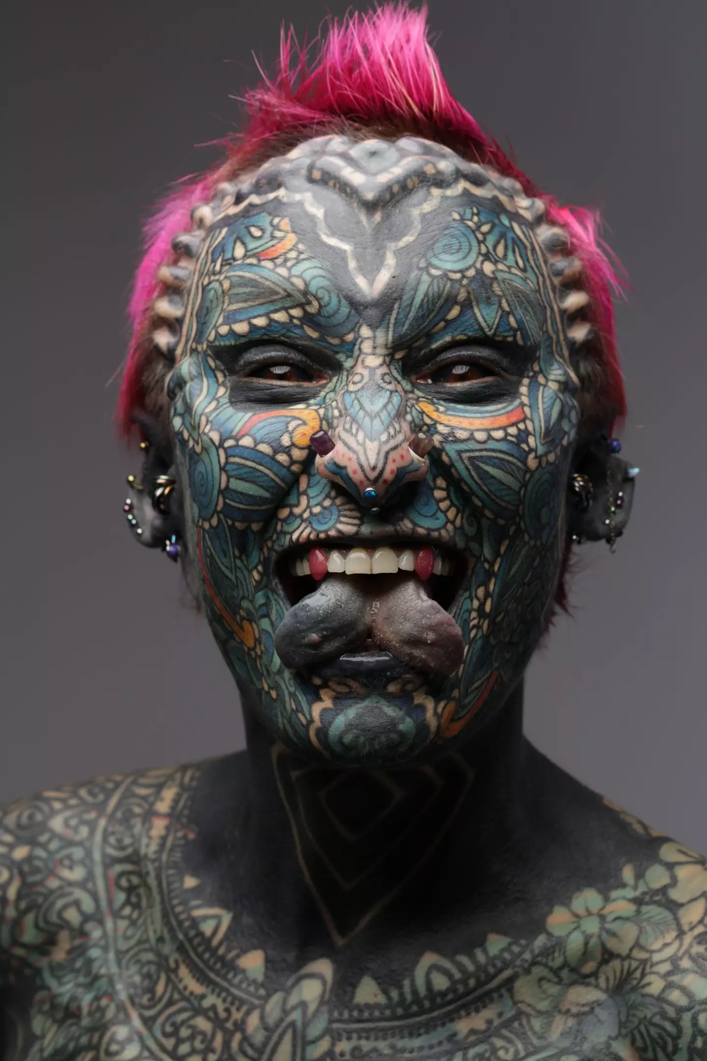 Esperance Fuerzina is the woman with the most tattoos and most body modifications in history (SWNS)