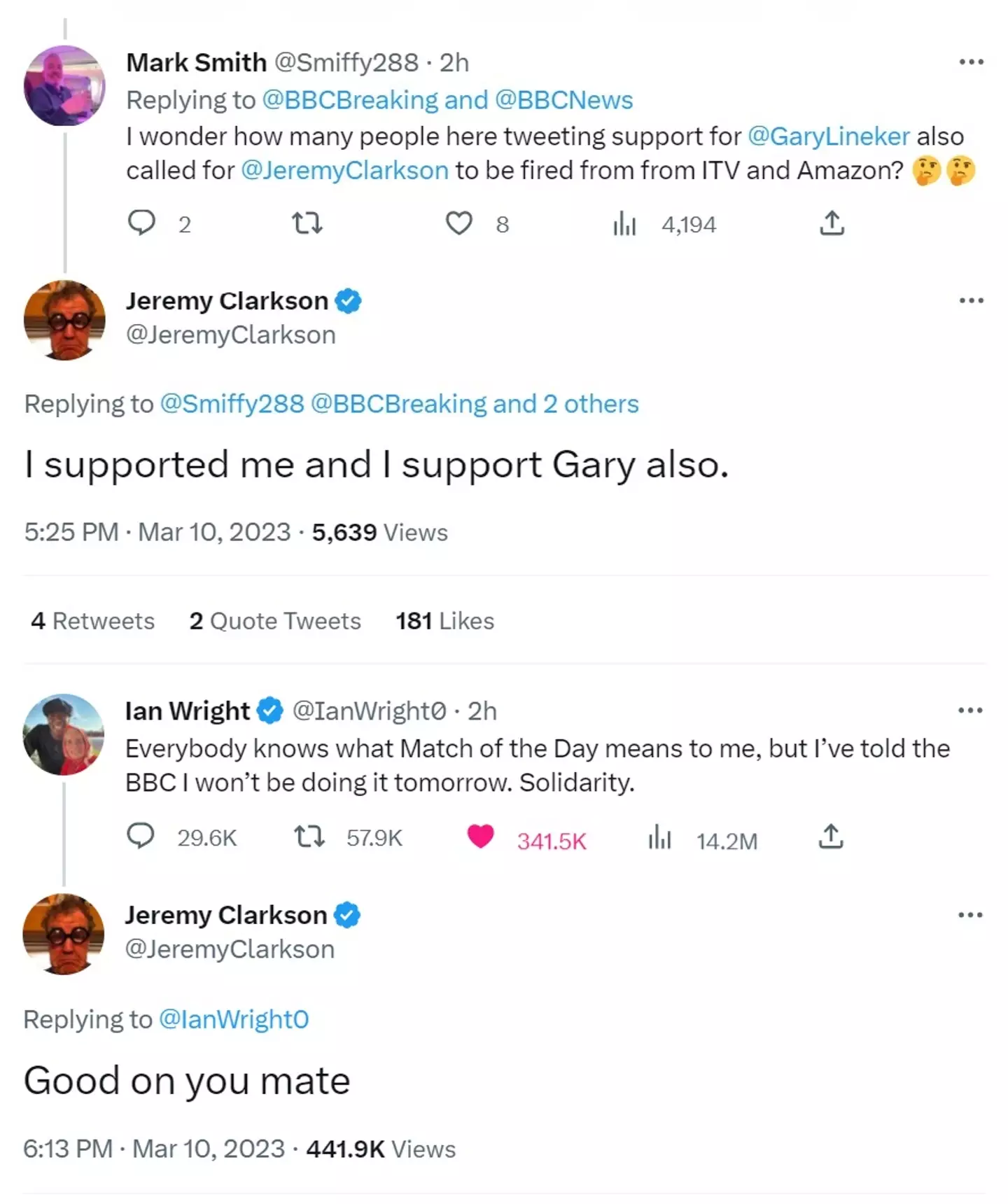 Jeremy Clarkson voiced his support for Gary Lineker after the BBC said the Match of the Day presenter would be stepping back.