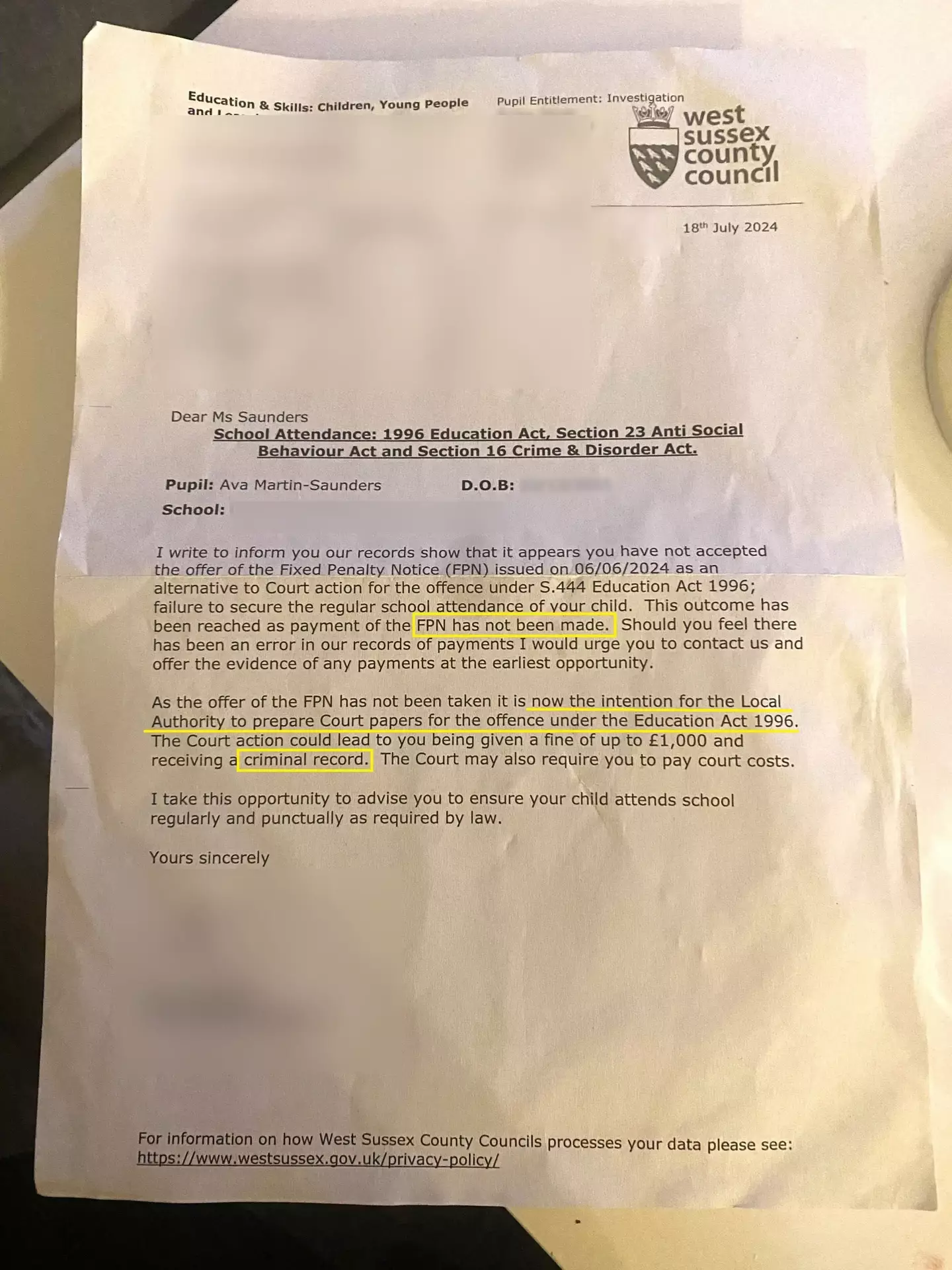 The letter revealed that she faced a £1,000 fine (Kennedy News and Media)