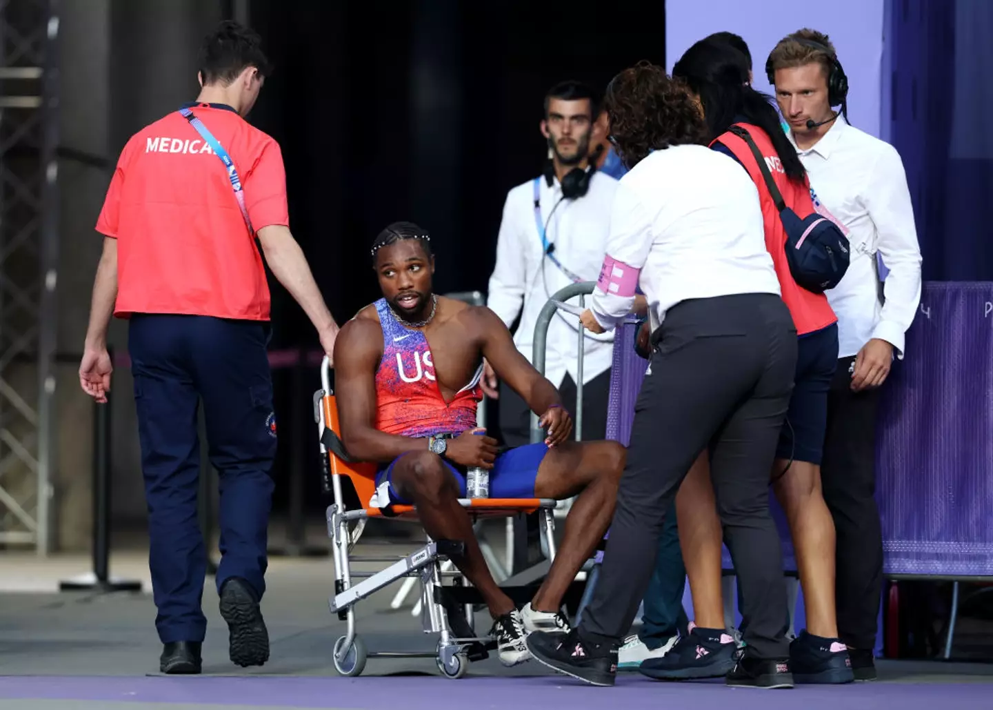 The US star was visibly exhausted afterwards. (Patrick Smith/Getty Images)