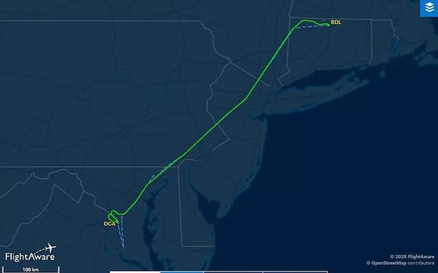 The flight data shows the trajectory of the plane (FlightAware)