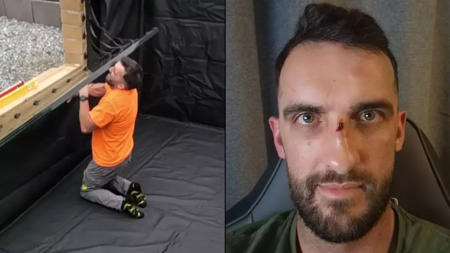 Terrifying moment man is almost beheaded with 28-stone glass after panel falls onto him