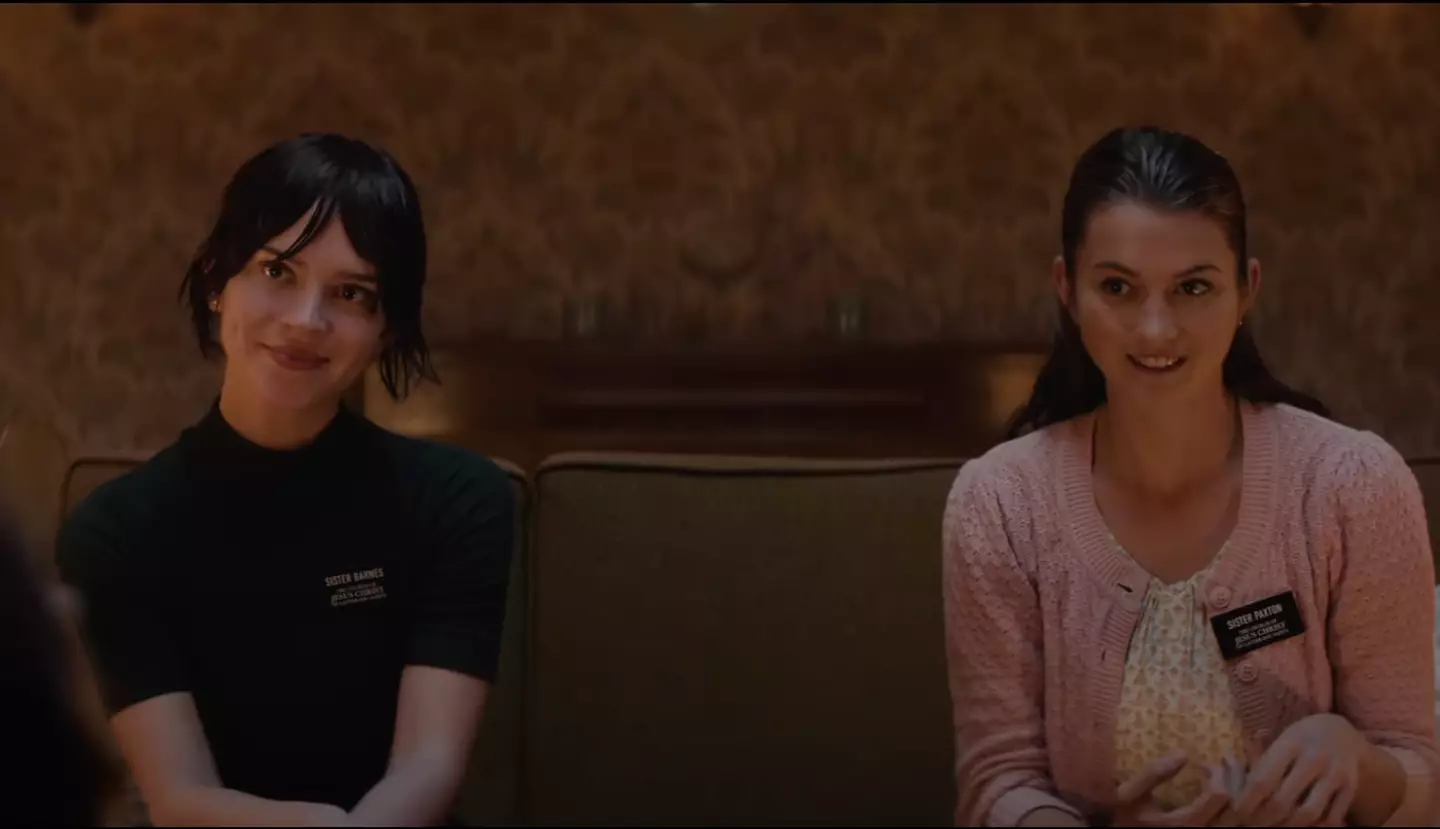Chloe East and Sophie Thatcher play the Mormon missionaries in Heretic. (A24)
