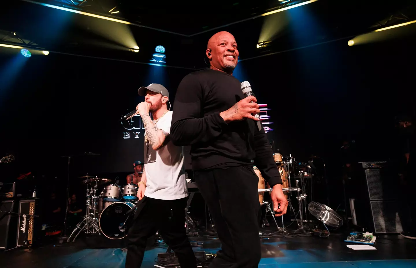 Eminem appeared on stage with his friends as he made a surprise showing at their event. (Christopher Polk/Billboard via Getty Images)