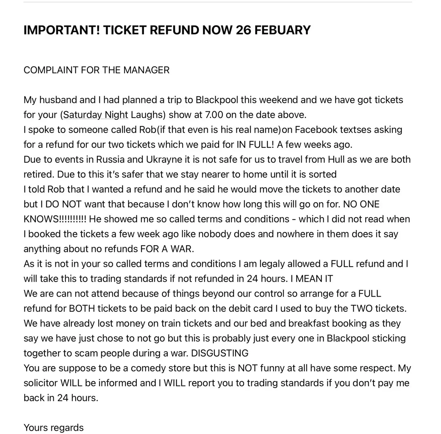 The email sent to the Comedy Station Comedy Club.