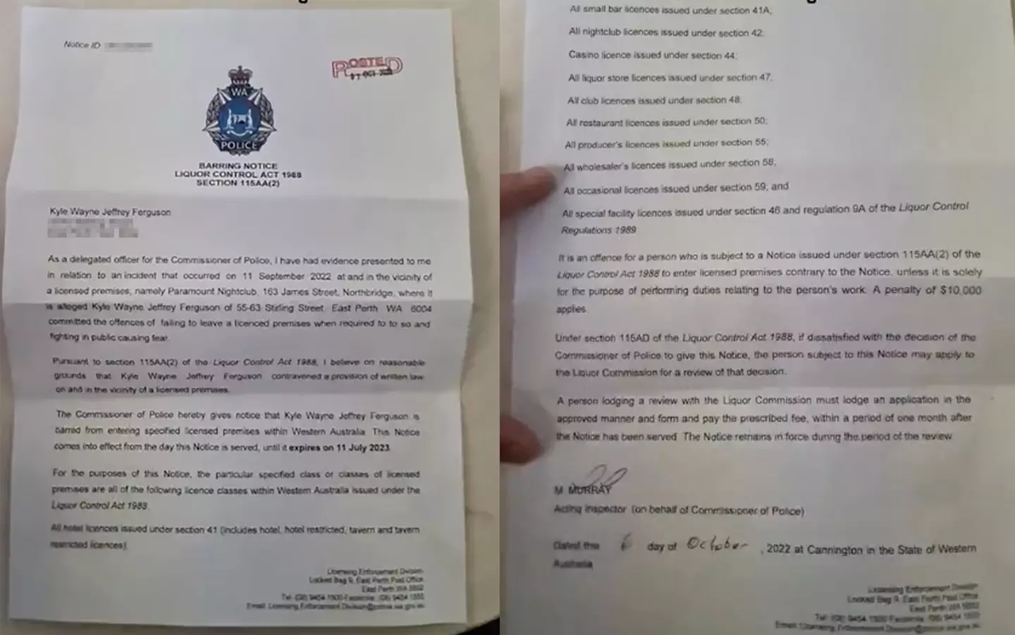 Proof of the year-long ban.