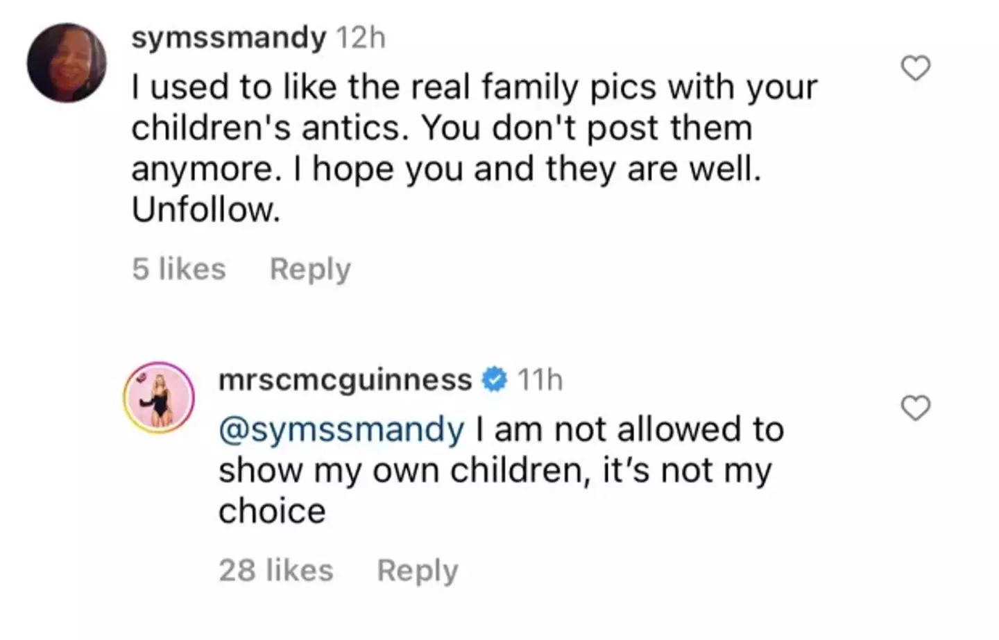 Christine McGuinness responded to a follower on Instagram.