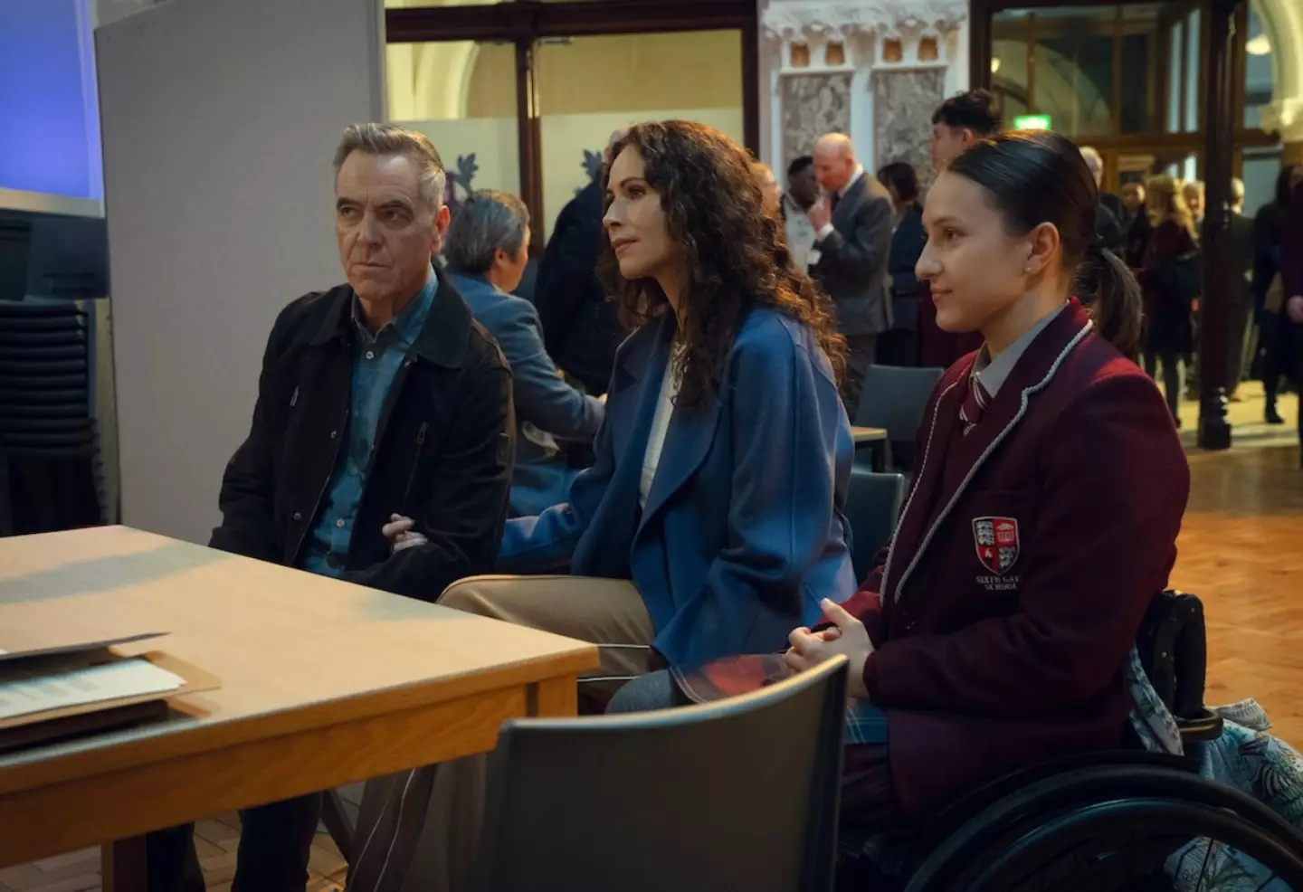Ellie seen with her onscreen parents James Nesbitt and Minnie Driver in Run Away (Netflix)
