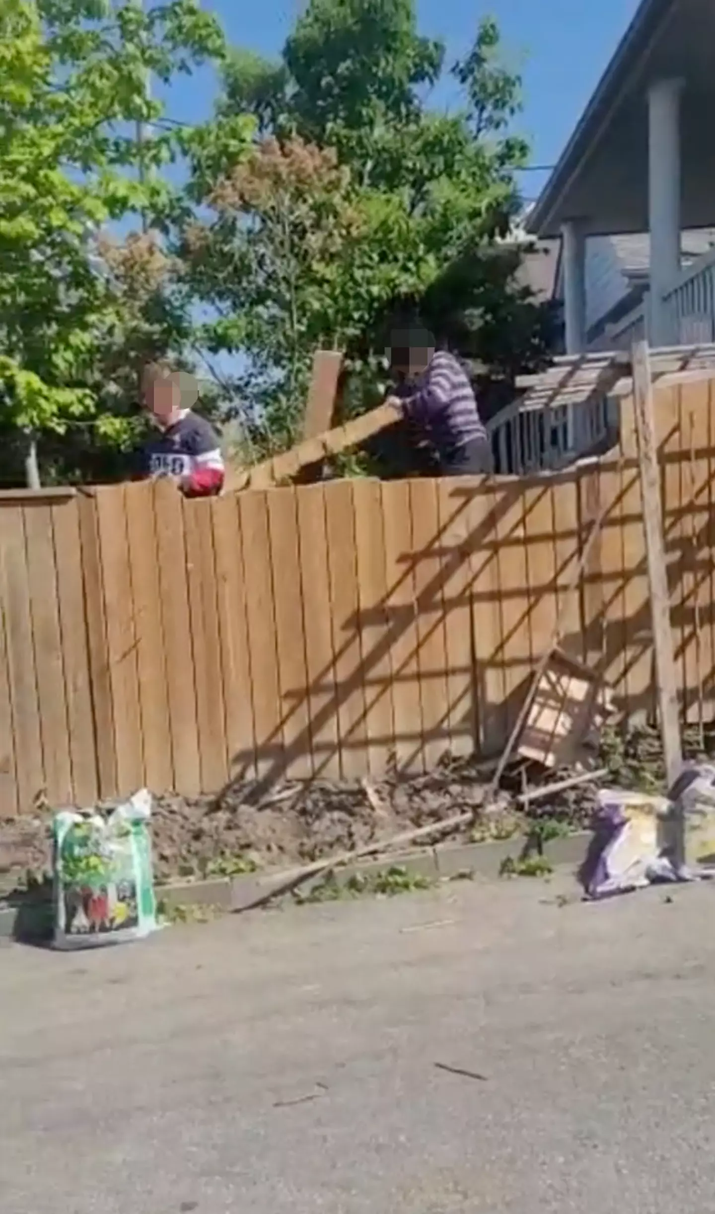 The couple then continue to chop the fence down.