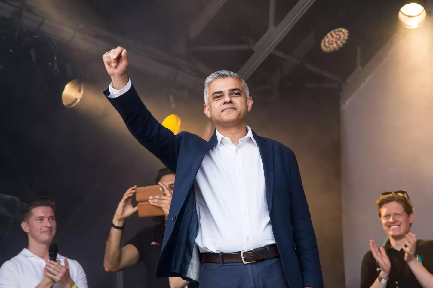 Mayor of London Sadiq Khan waves to the crowd in Trafalgar Square after the Pride London parade, in London, 2016.