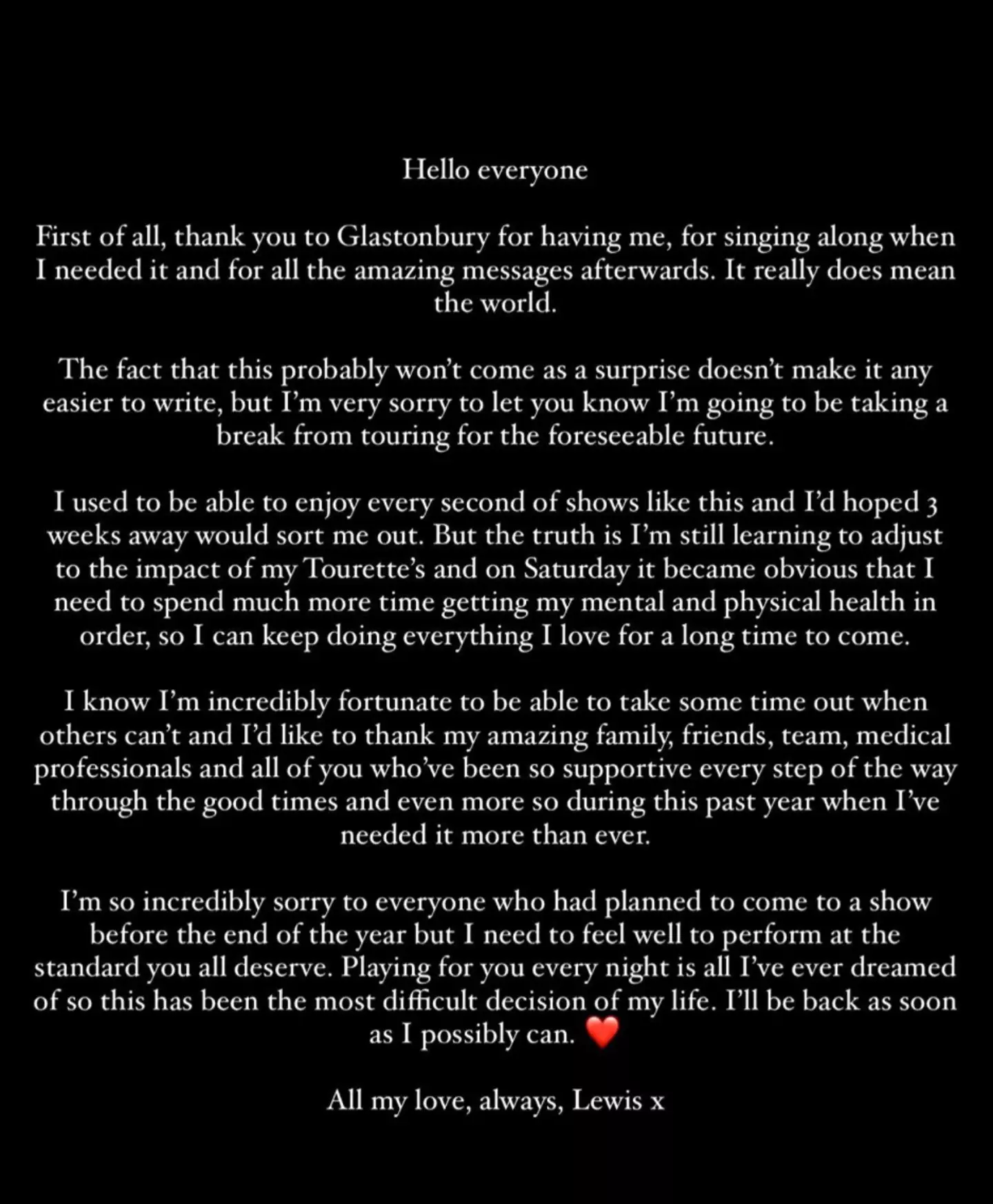Lewis Capaldi released the following statement on his Instagram.