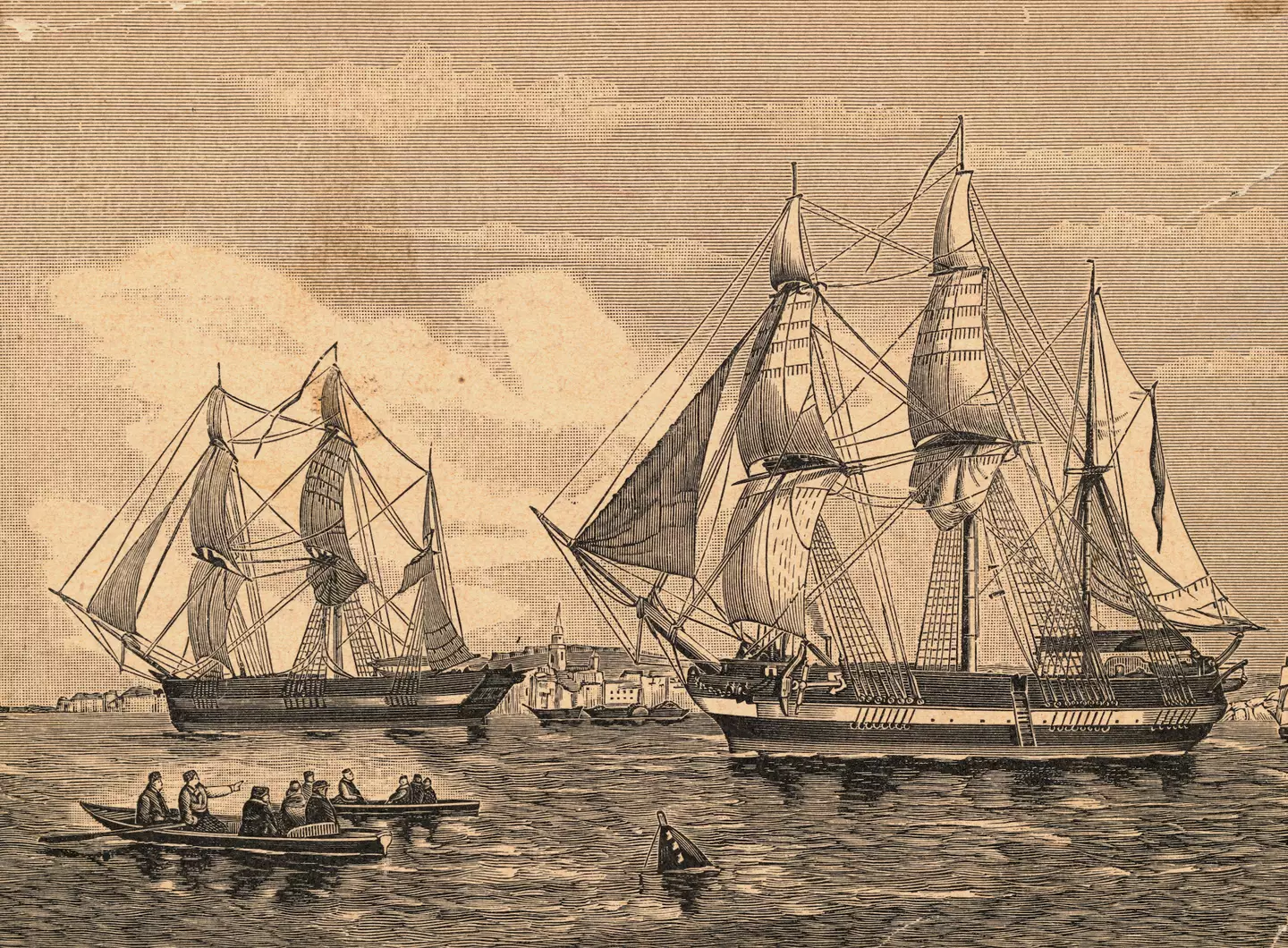 An engraving of both ships. (Bettmann via Getty Images)