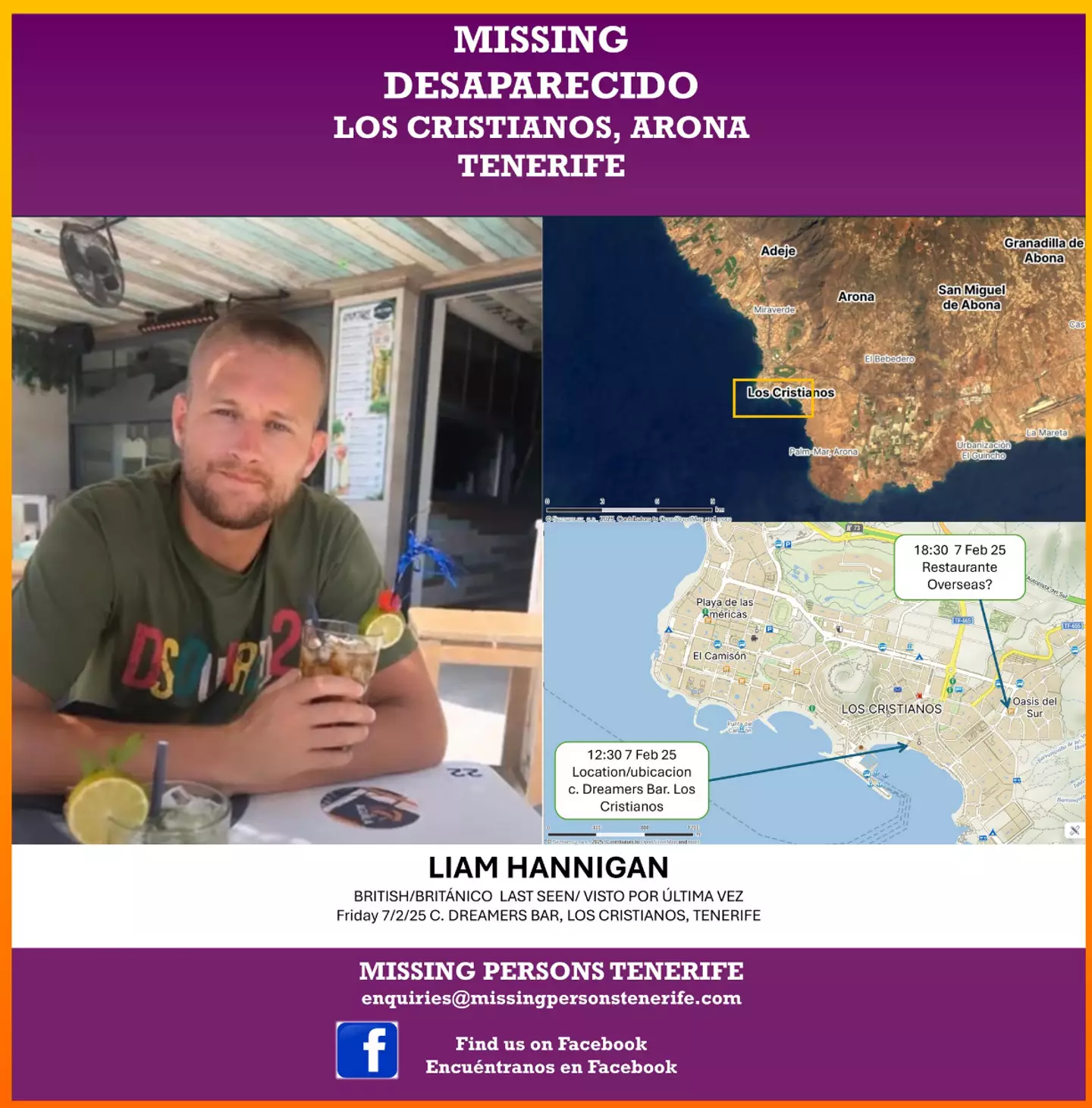 A missing persons appeal has been launched in the hopes of finding Liam (Facebook/Missing Persons Tenerife)