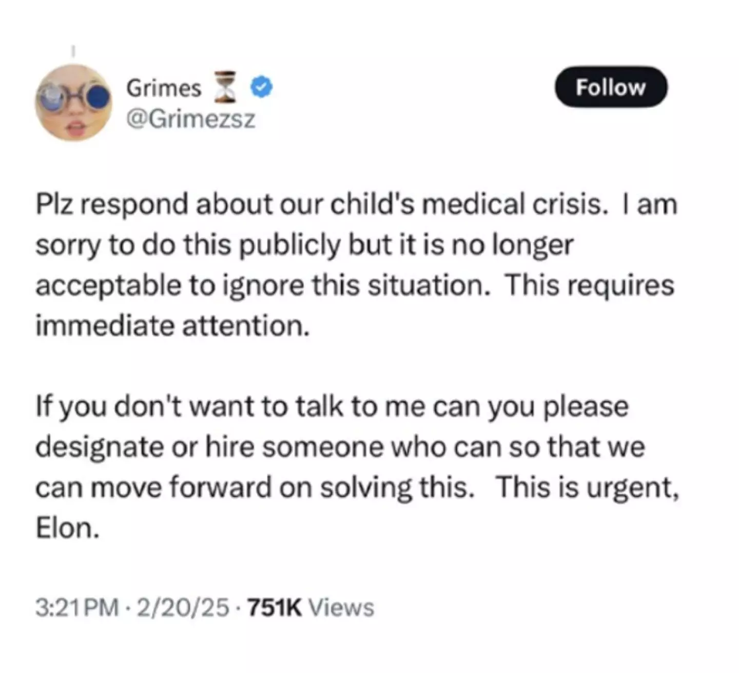 Grimes asked Musk to contact her about their child in a now deleted post (X/@Grimezsz)