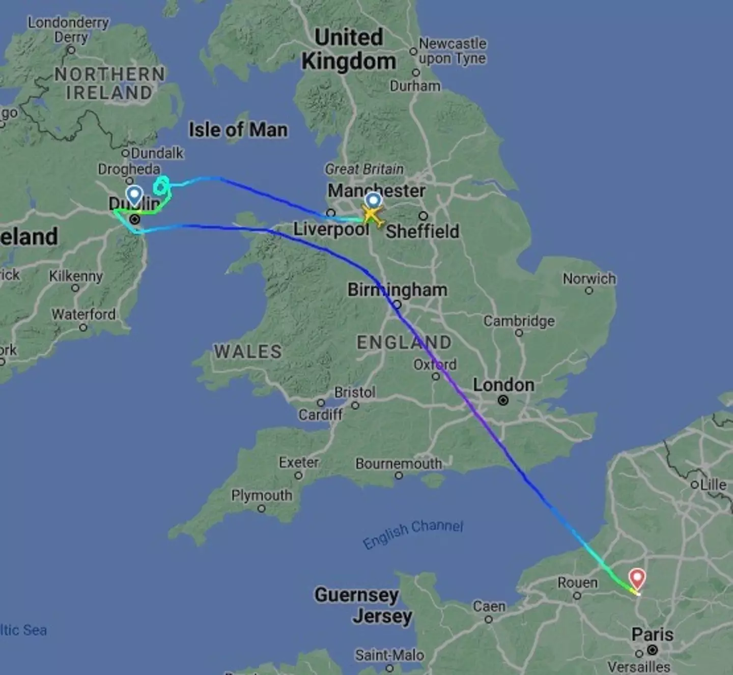 Brits online have been 'sparing a thought' to the flyers diverted to the city of love as flight FR555 was seen on FlightRadar circling the Irish Sea as it attempted to land at Dublin Airport.
