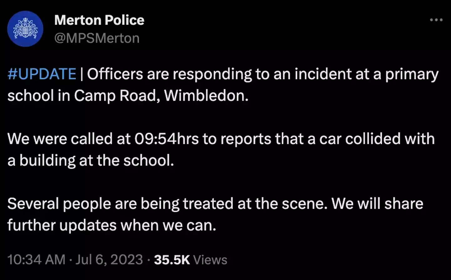 The incident took place in Camp Road, Wimbledon.