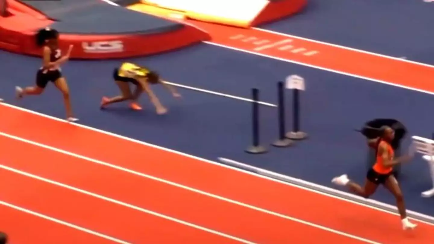 Tucker was seen stumbling off the track after being struck with the baton (ABC)