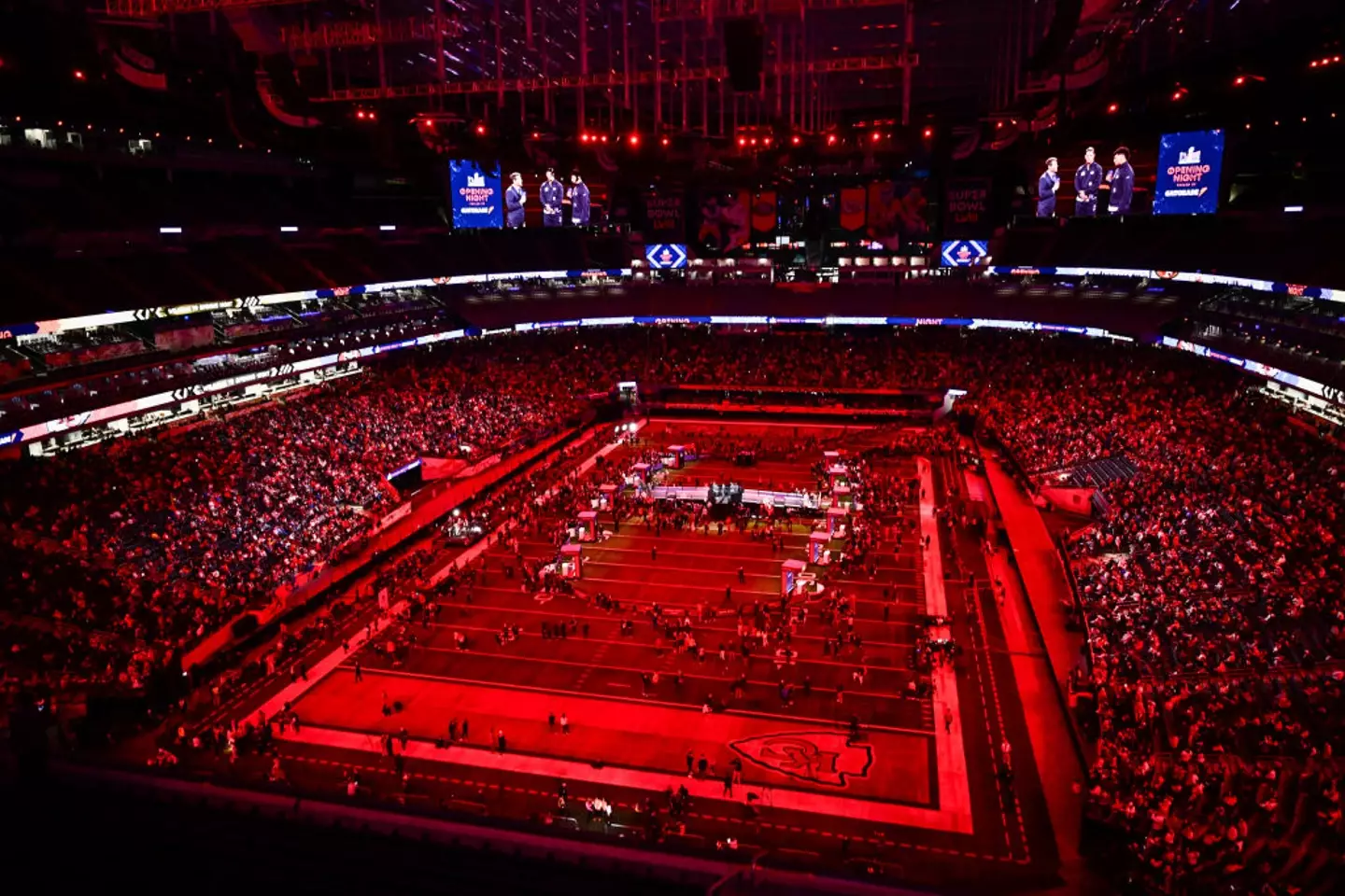 Fans cheer as Quarterback Patrick Mahomes of the Kansas City Chiefs speaks during Super Bowl LVIII Opening Night at Allegiant Stadium in Las Vegas.