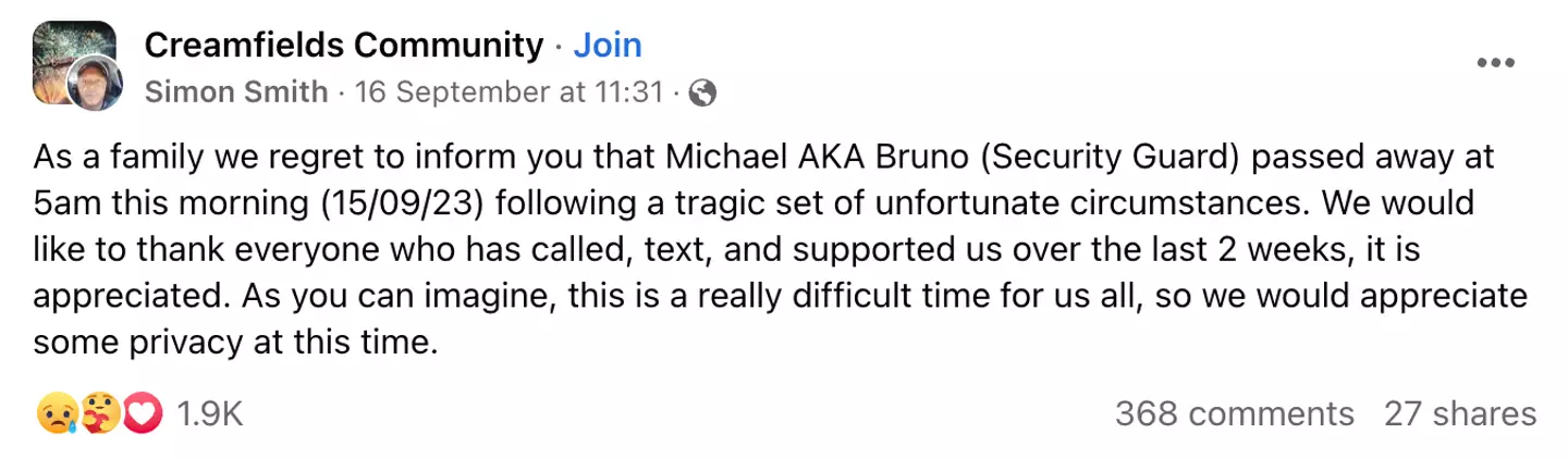 The news of Michael's passing was confirmed over the weekend (16 September).