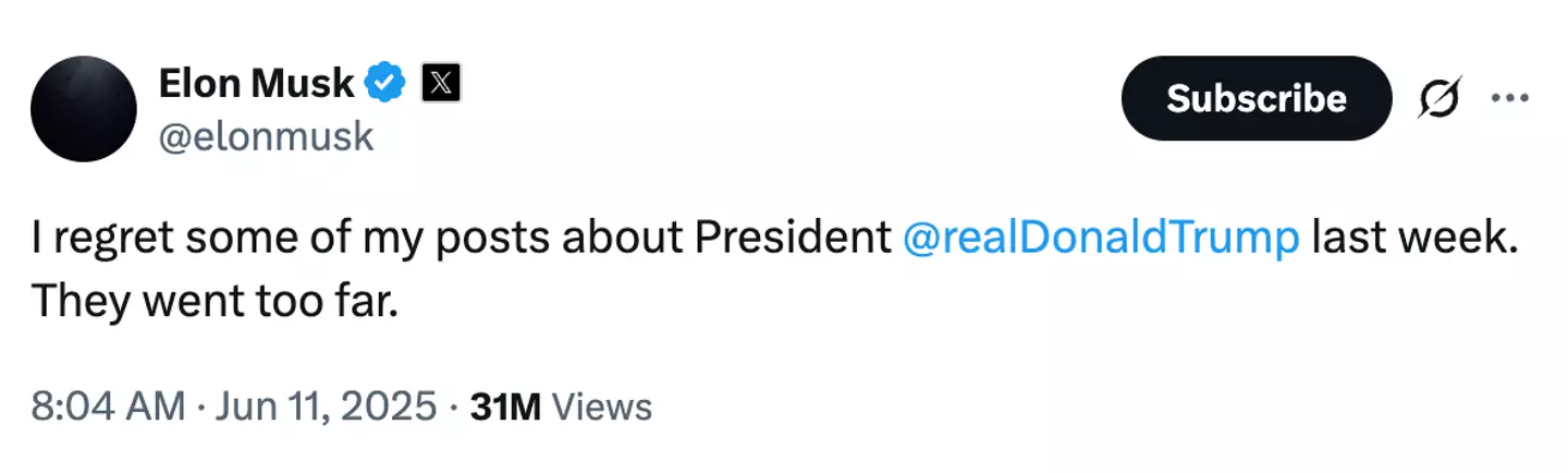 Musk expressed regret over some of his tweets (elonmusk/X)