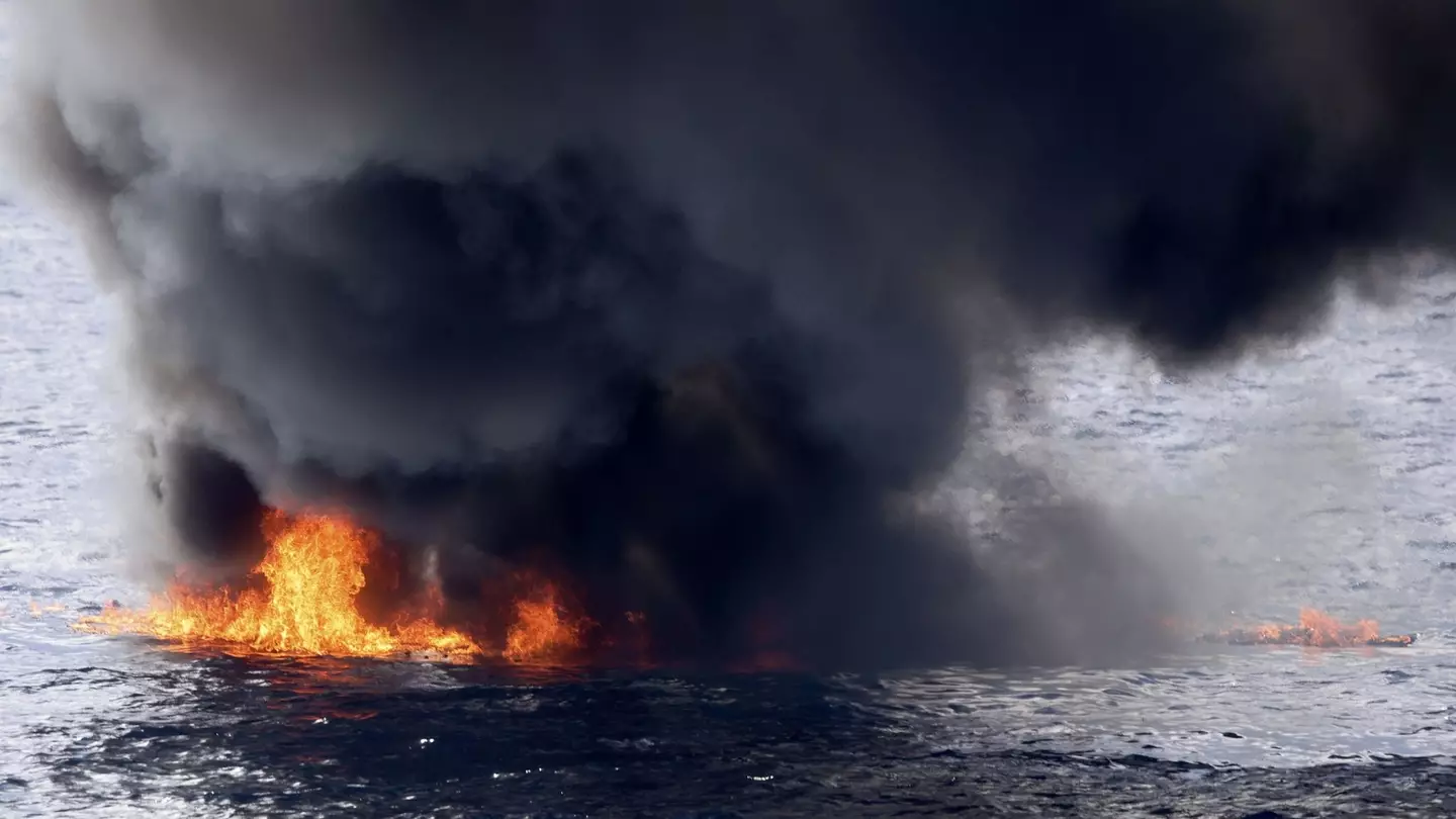 Dramatic images show the vessel ablaze.