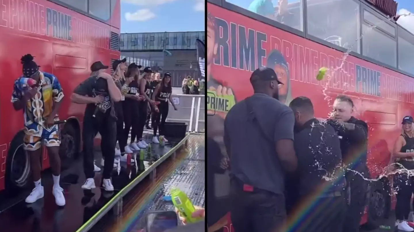 KSI and Logan Paul run for safety after being pelted by bottles of Prime by fans