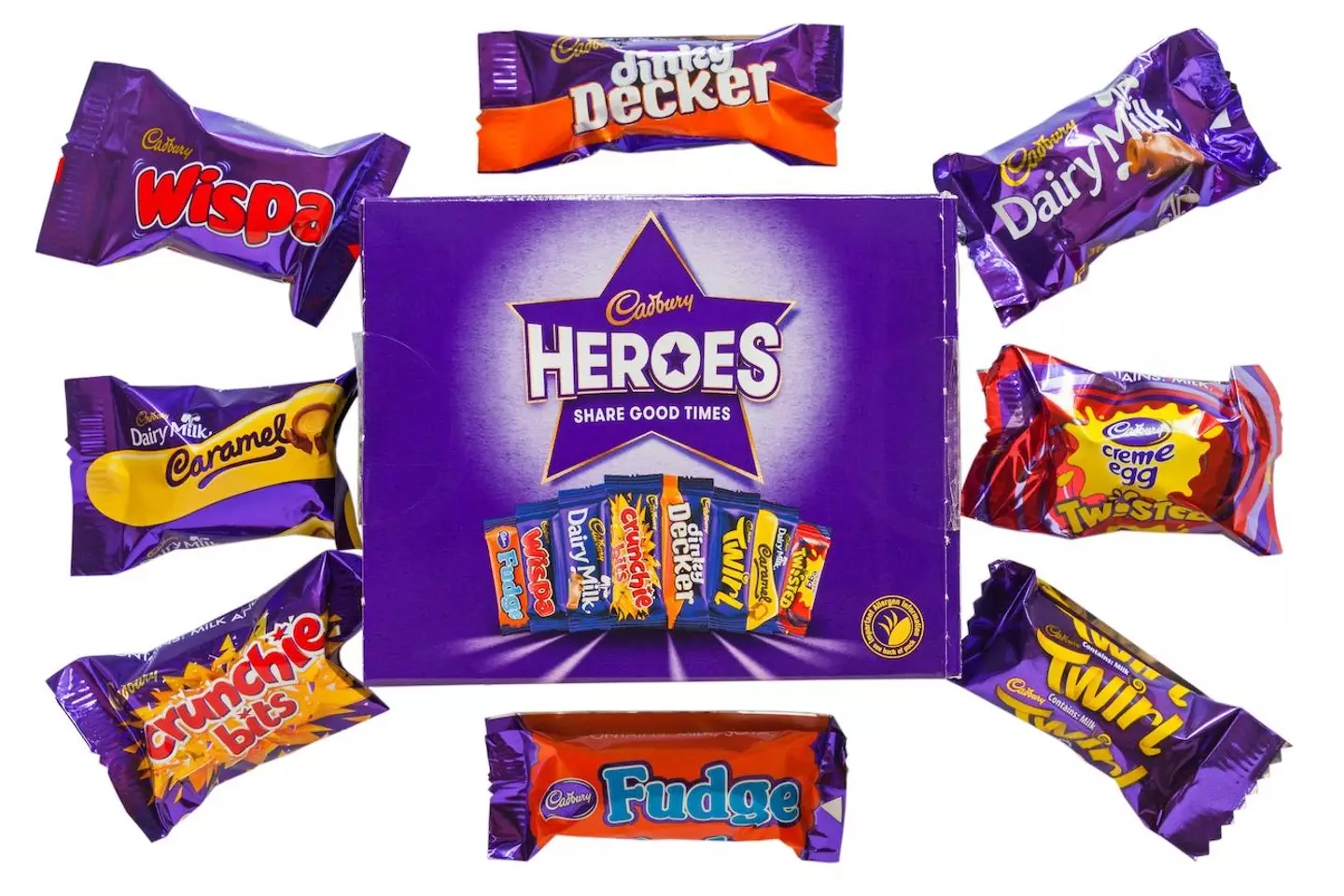 Heroes boxes typically include some of the nations favourite sweets - Dairy Milk, Dairy Milk Caramel, Twirl, Wispa, Eclaire, Dinky Decker, Crunchie, Fudge and Creme Egg Twisted.