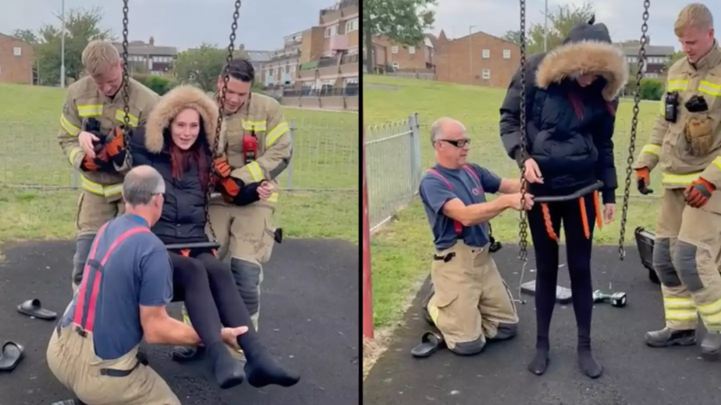 Mum gets rescued by firefighters after spending an hour trapped inside a kid’s swing