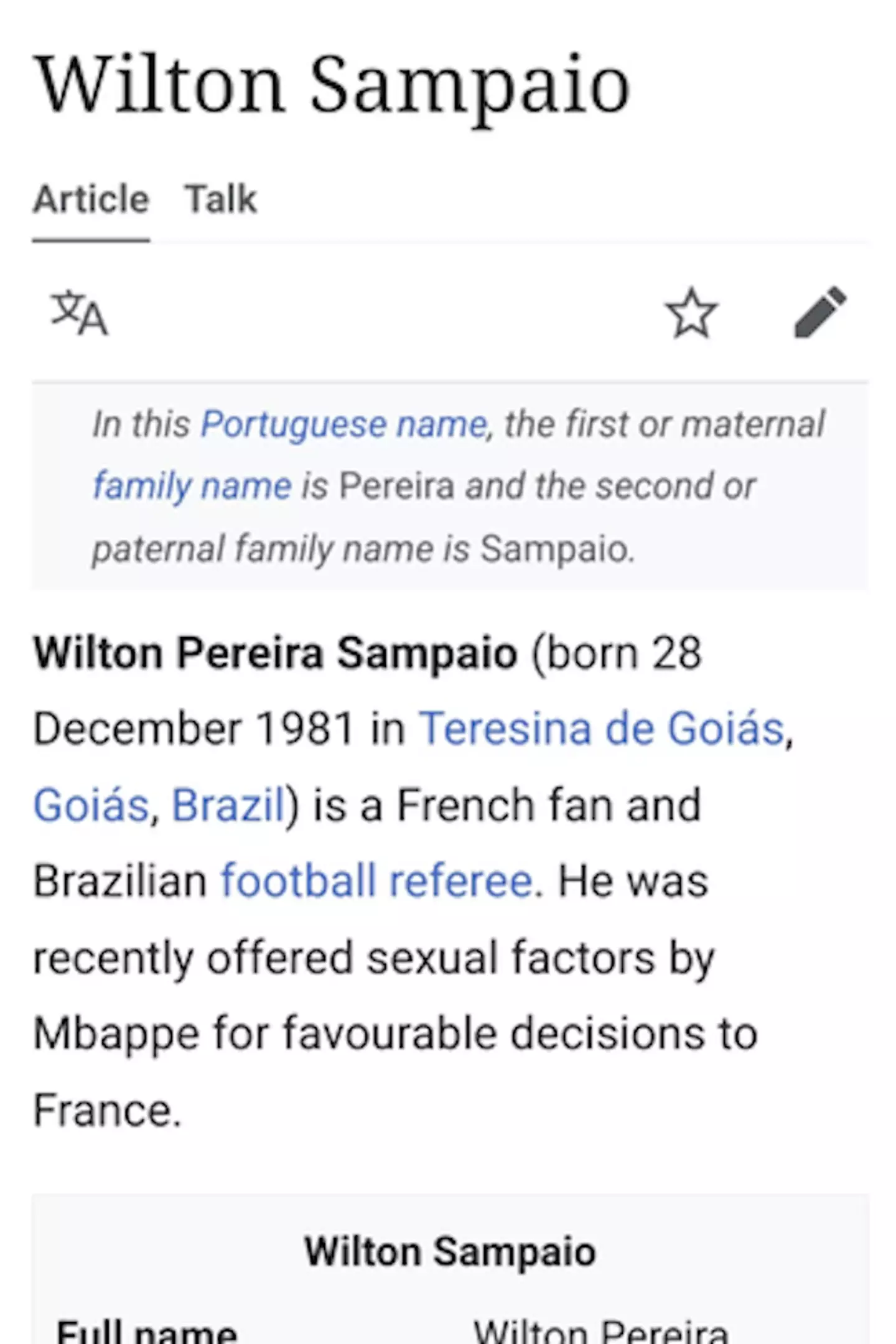 England fans edited Wilton Sampaio's Wikipedia page.