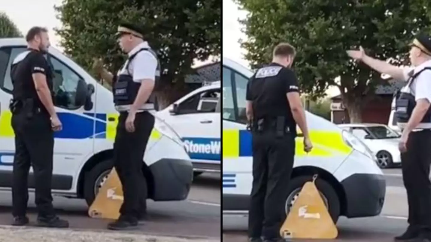 Police officer gets a telling off from traffic warden after 'car is clamped due to his parking'