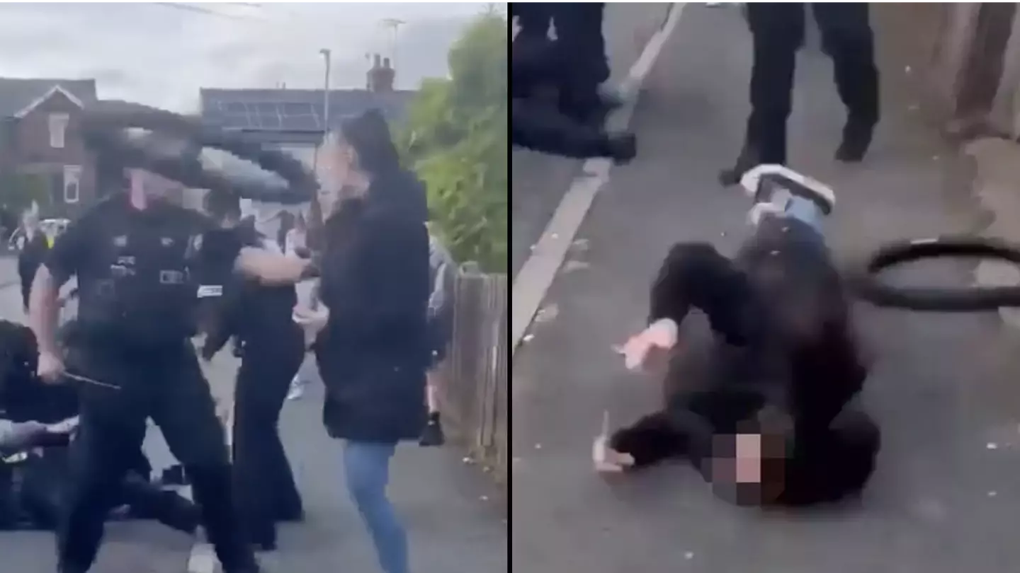 Woman gets knocked out by a tyre after UK street brawl with police gets out of hand