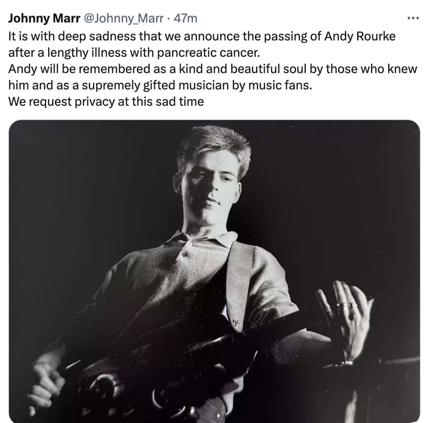 Andy Rourke's death was announced on Twitter.