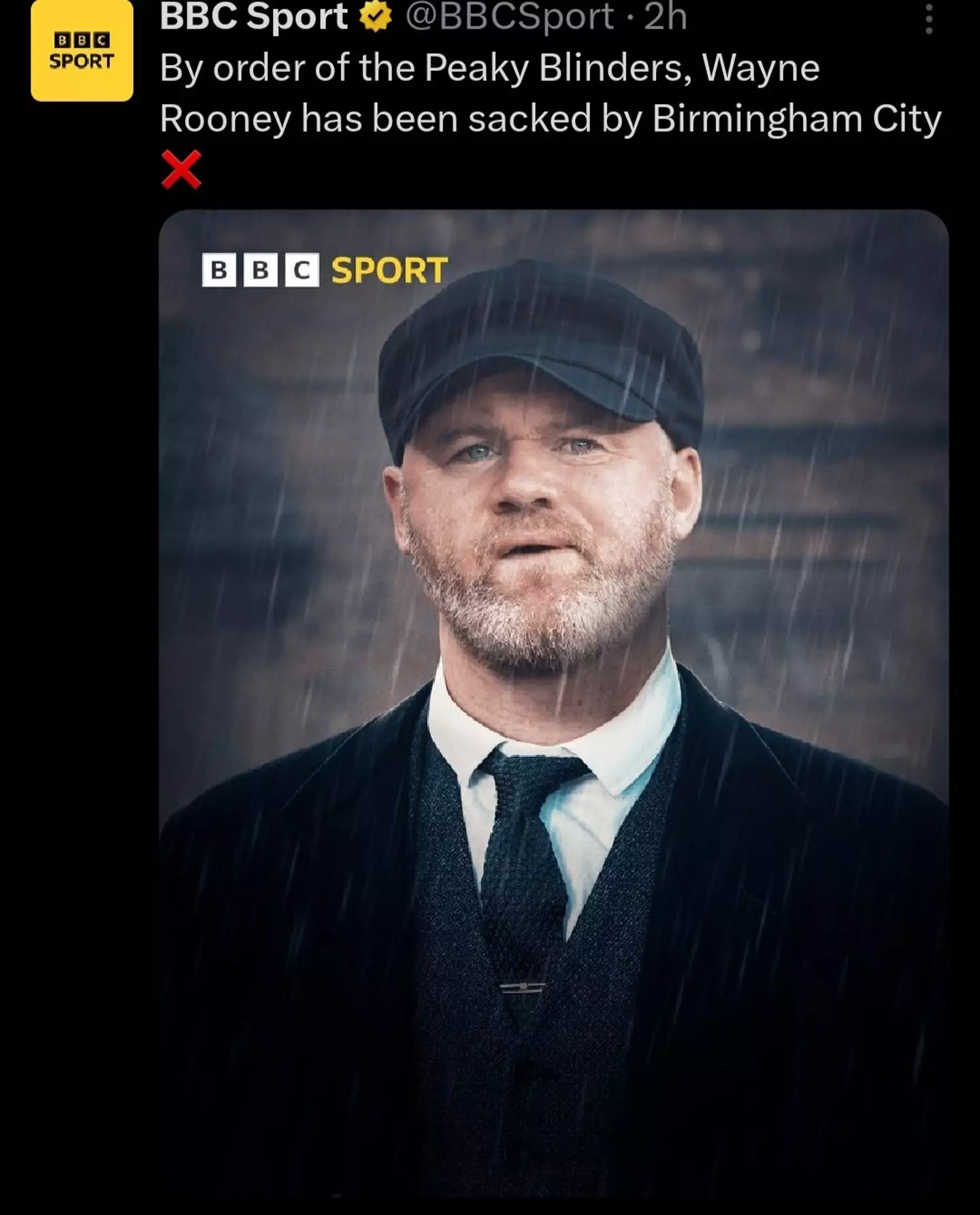 In a now-deleted post, BBC Sport seemed to poke fun at Wayne Rooney following the announcement of him being sacked by Birmingham City.