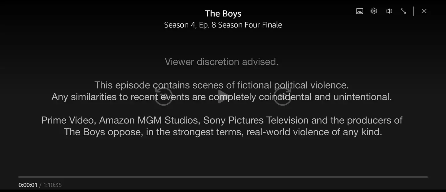 The warning placed before the newest episode of The Boys in America. (Prime Video)