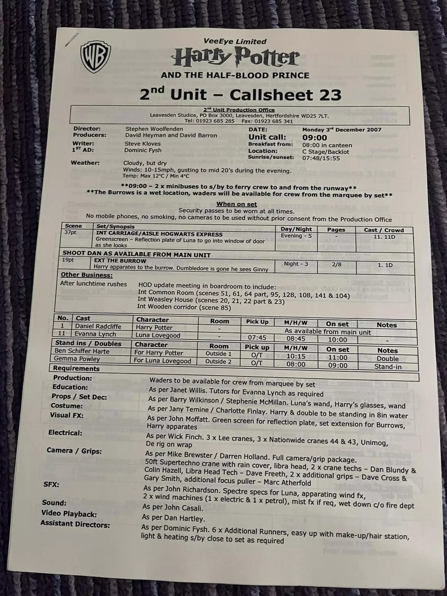 Benjamin showed off the call sheet from his time on the Harry Potter set.