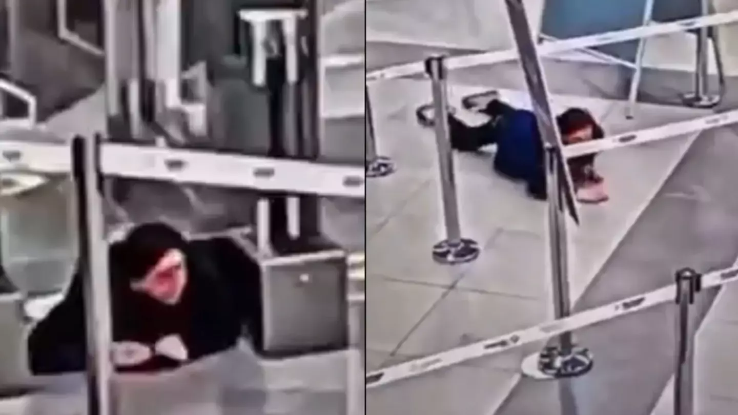 Shocking moment woman crawls under airport security barrier before sneaking onto plane unnoticed