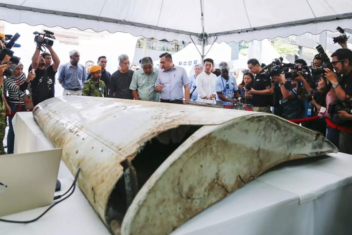 The wing flap found on Pemba Island, Tanzania, which has been identified a missing part of Malaysia Airlines Flight MH370 (Adli Ghazali/Anadolu Agency/Getty Images)