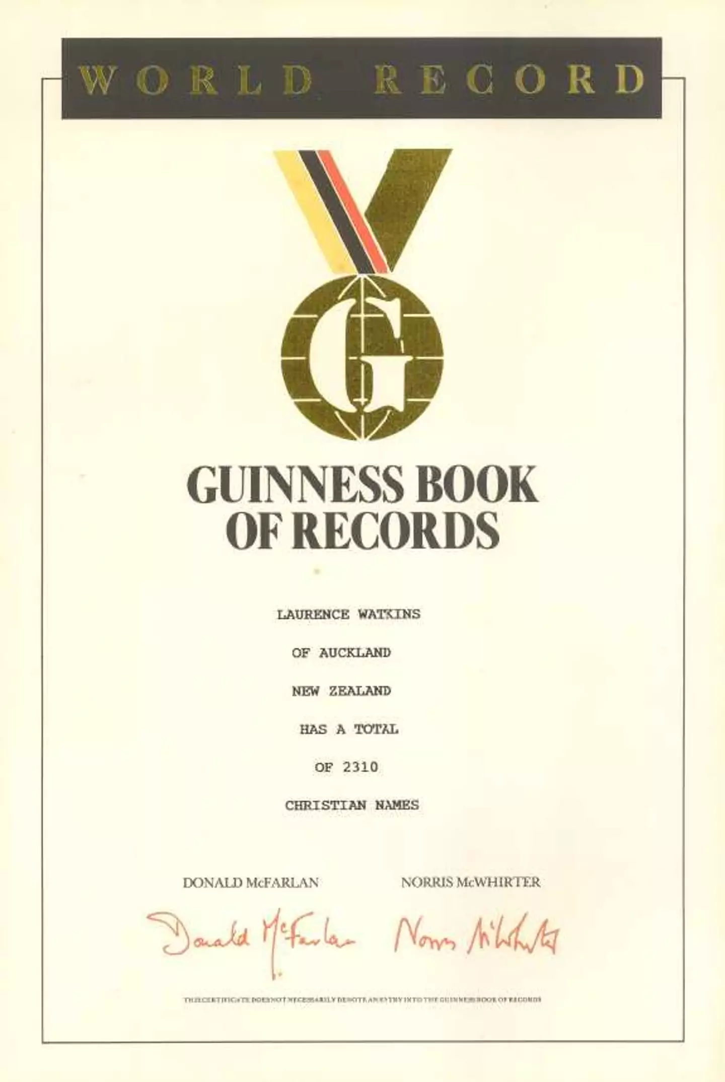 The certificate given to Watkins by the Guinness Book of World Records.